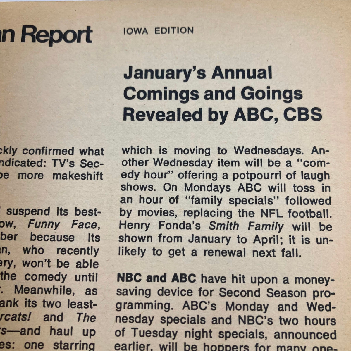 Iowa edition of the TV Guide Magazine November 27, 1971, issue #974 discussing upcoming TV program changes for January.