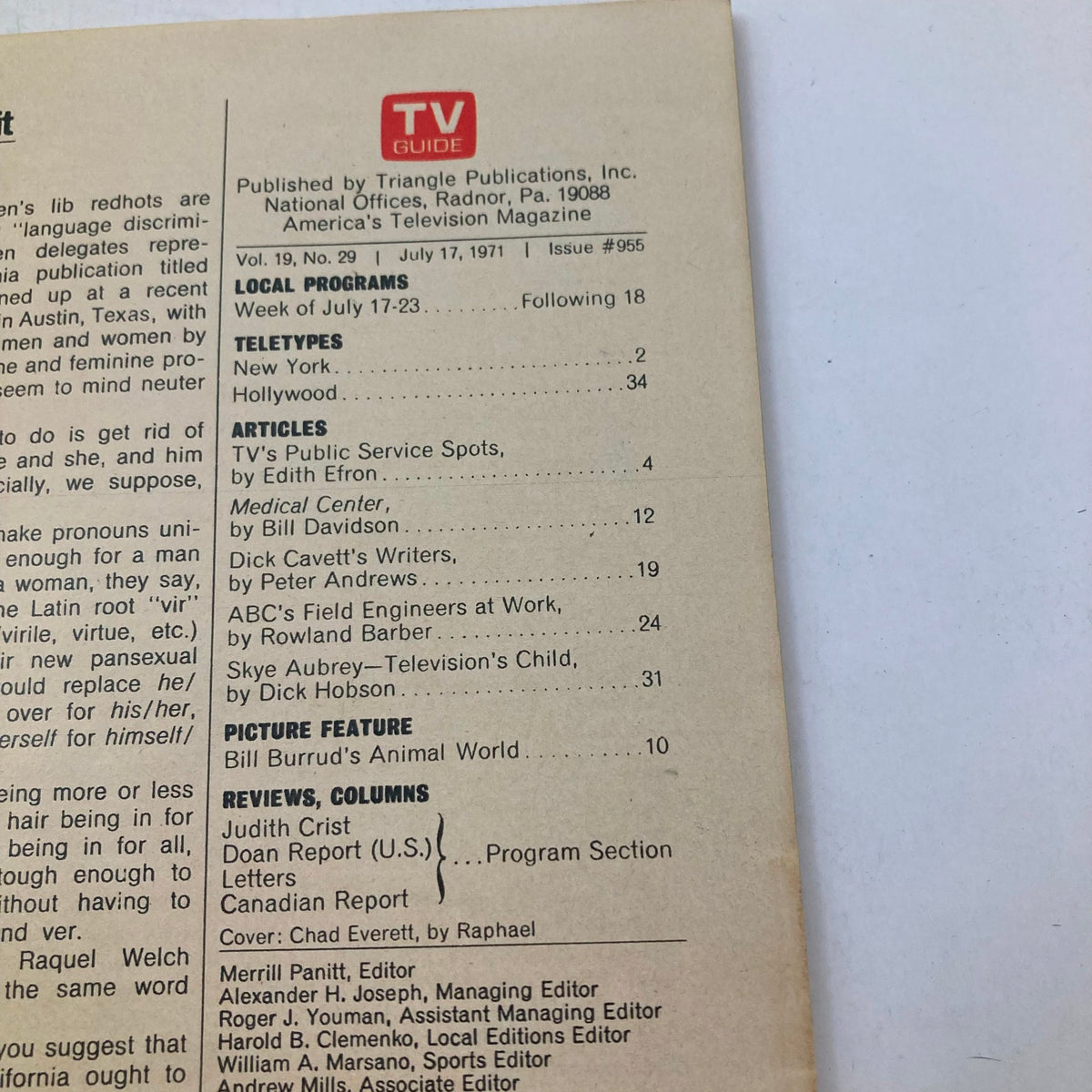 Interior page of TV Guide Magazine July 17 1971 Issue #955, detailing local programs and articles including TV's Public Service Spots.