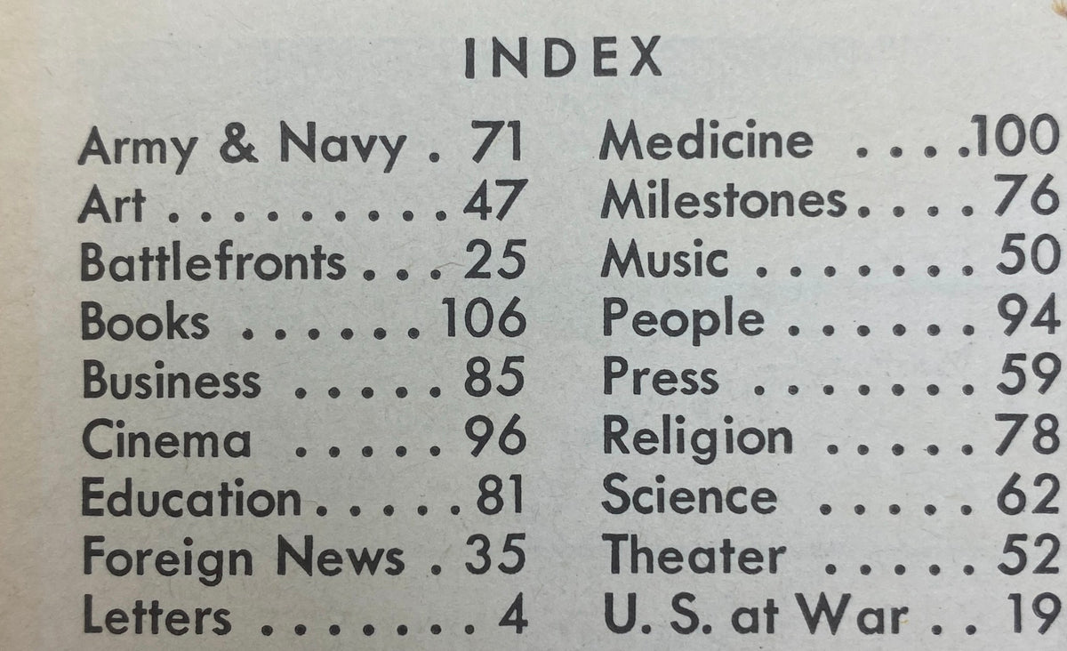 Index page from the vintage Time Magazine October 26, 1942, listing various sections including Army & Navy, Art, Business, and more, providing insight into the topics covered in this historical edition.