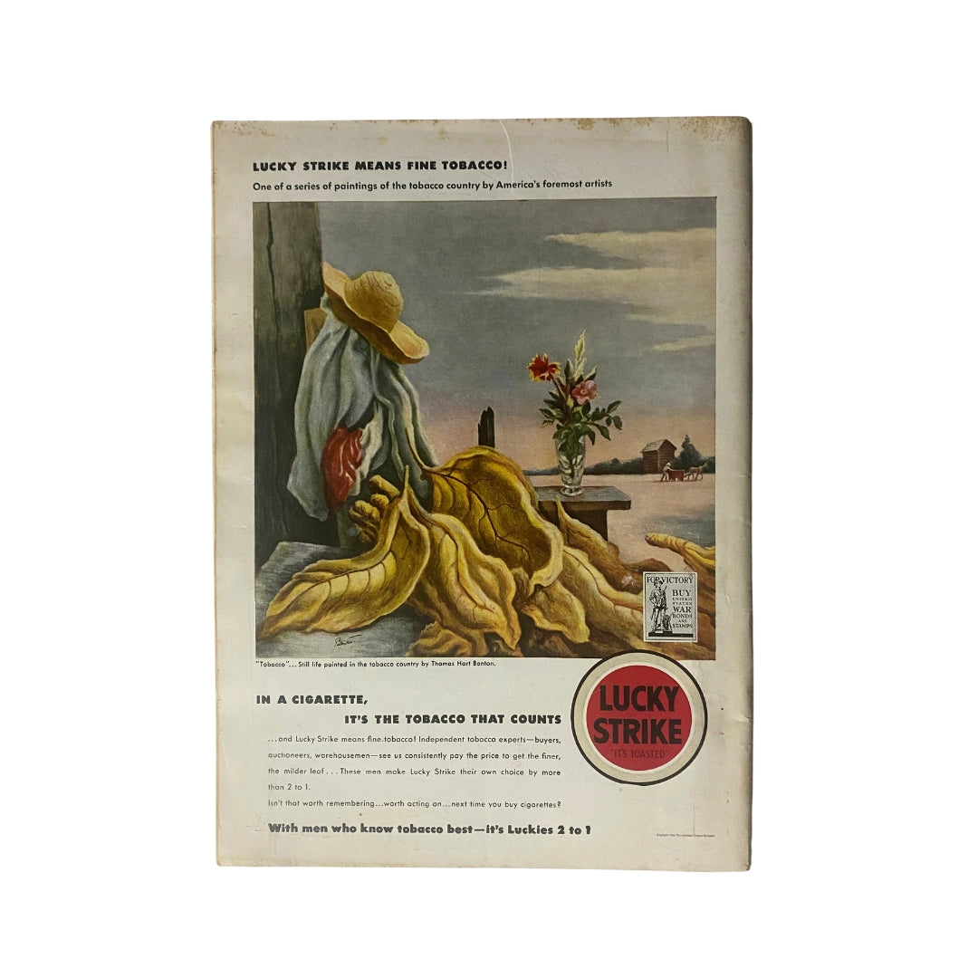 Advertorial page for Lucky Strike cigarettes from the vintage Time Magazine dated October 26, 1942, highlighting fine tobacco and featuring an artwork of the tobacco country.