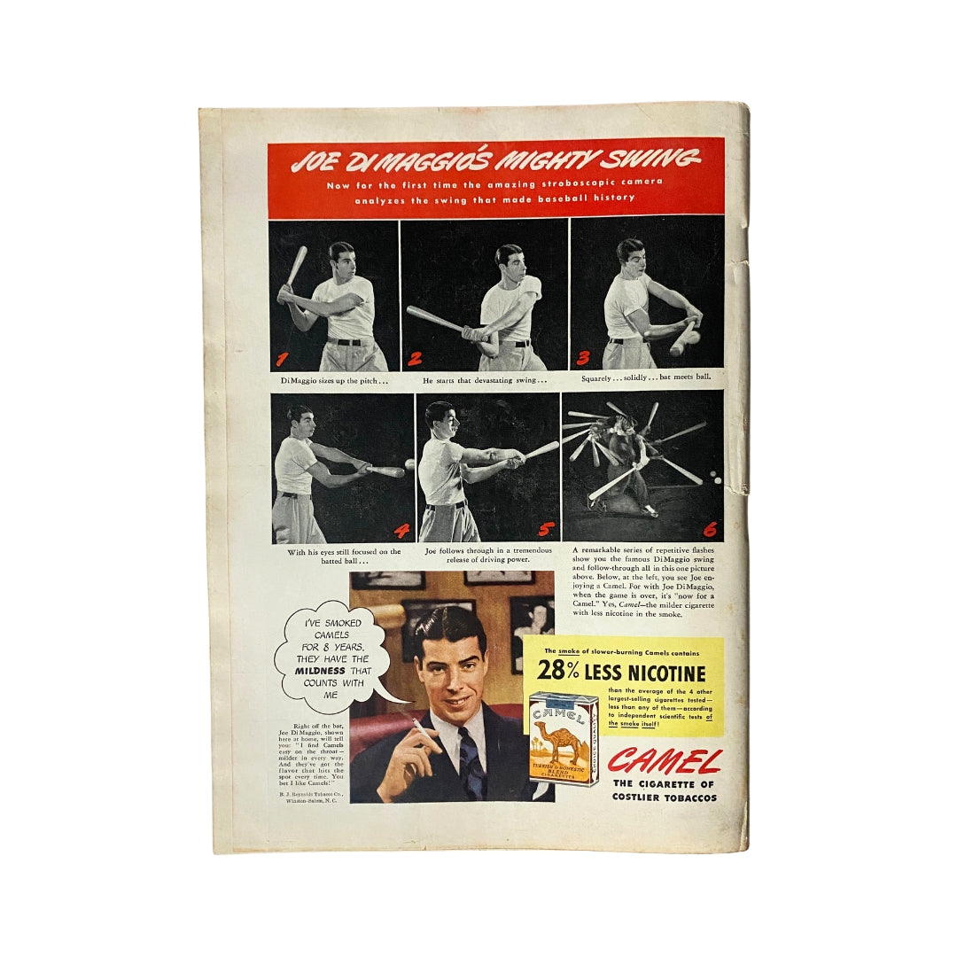 Vintage advertisement featuring Joe DiMaggio's Mighty Swing from Time Magazine, showcasing a step-by-step analysis of his baseball swing. This advertisement highlights the revolutionary stroboscopic camera technique and promotes Camel cigarettes, indicating their benefits with '28% less nicotine'.