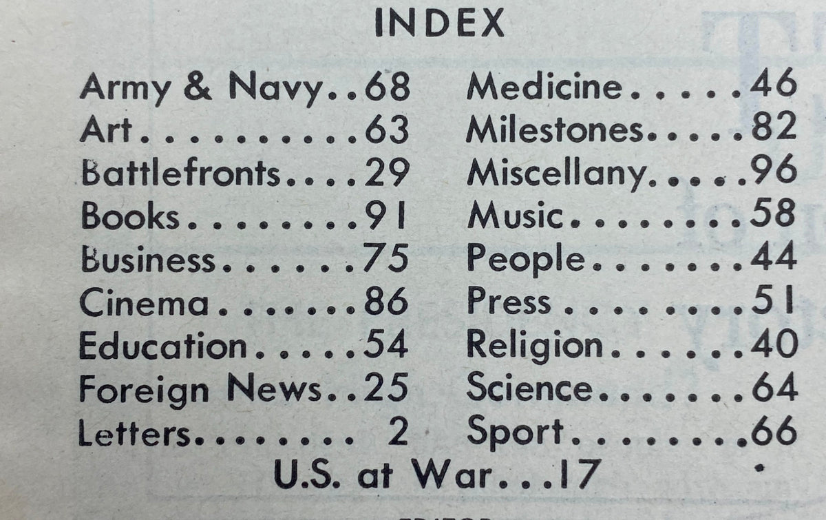 Index page from VTG Time Magazine August 10, 1942 displaying various sections such as Army & Navy, Art, and Books, highlighting the diverse content of the vintage issue.