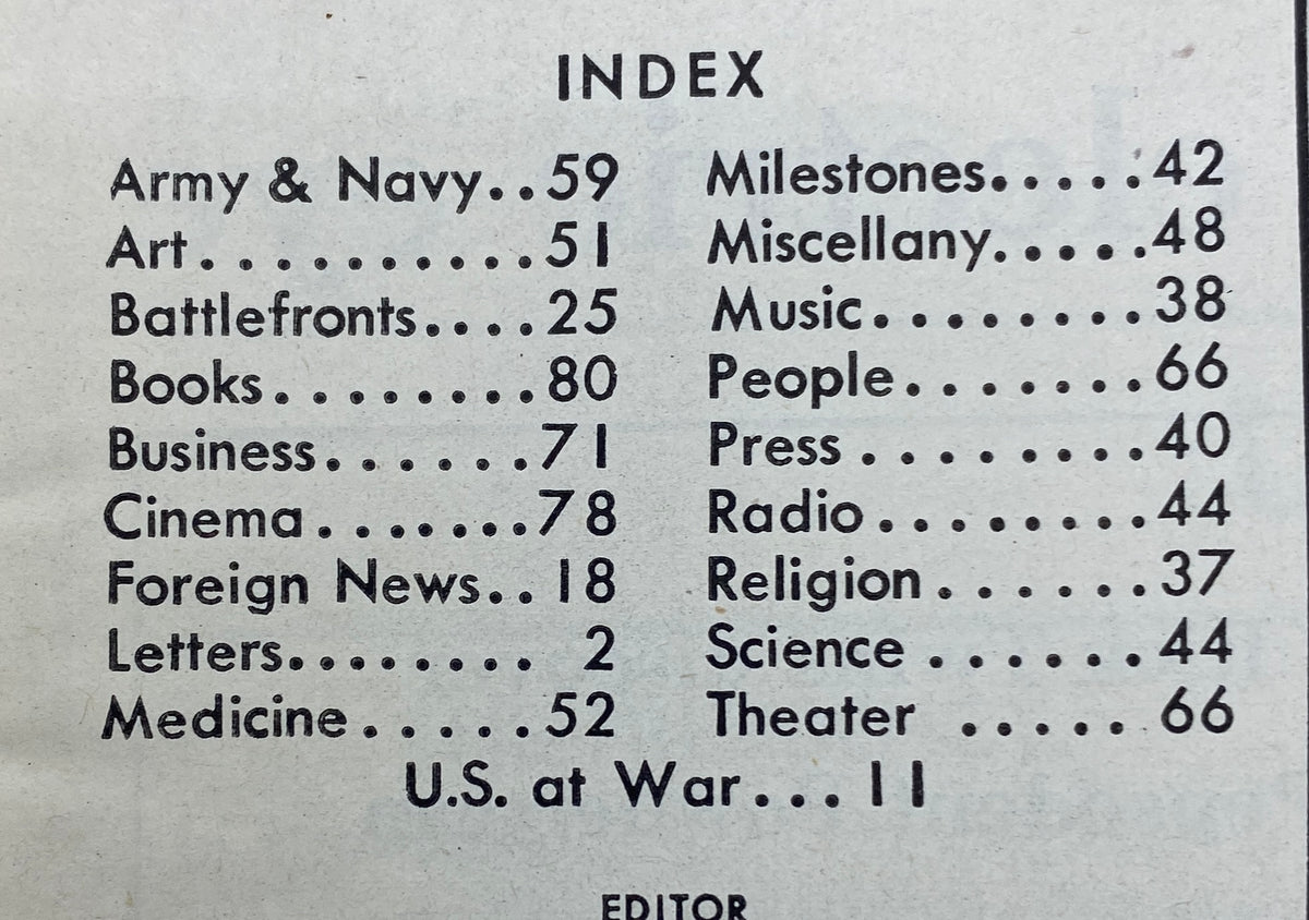 Time Magazine Index from August 24, 1942 issue featuring India's Jawaharlal Nehru. The index includes topics such as Army & Navy, Art, Battlefronts, and U.S. at War, highlighting significant historical content.