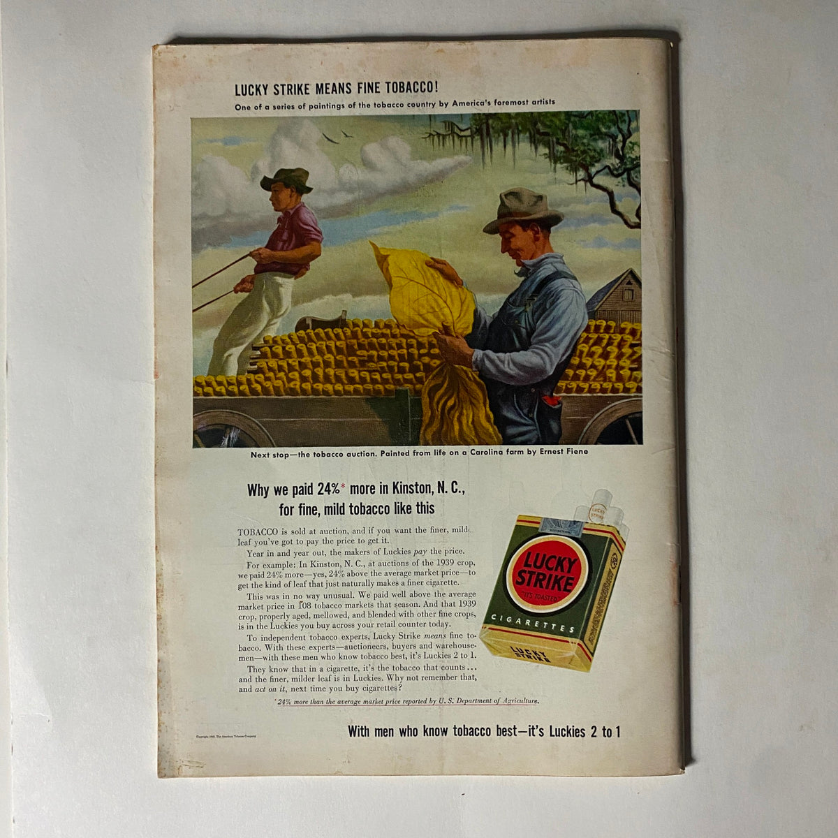 Back cover of VTG Time Magazine June 8, 1942, Vol 39 No. 23 showcasing an advertisement for Lucky Strike tobacco, featuring vibrant illustration of farming and tobacco auction, capturing the era's commercial appeal.