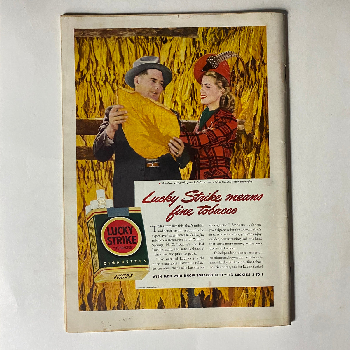 Cover of Time Magazine from January 19, 1942, featuring a Lucky Strike advertisement with a man and woman promoting fine tobacco and the slogan 'Lucky Strike means fine tobacco.'