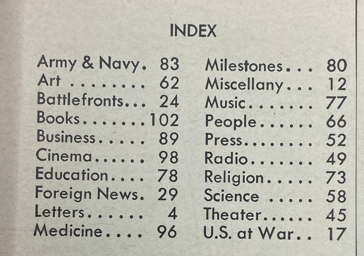 Index page of VTG Time Magazine December 21, 1942, detailing topics including Army & Navy, Art, Business, and Cinema, providing a glimpse into the magazine's breadth of content.