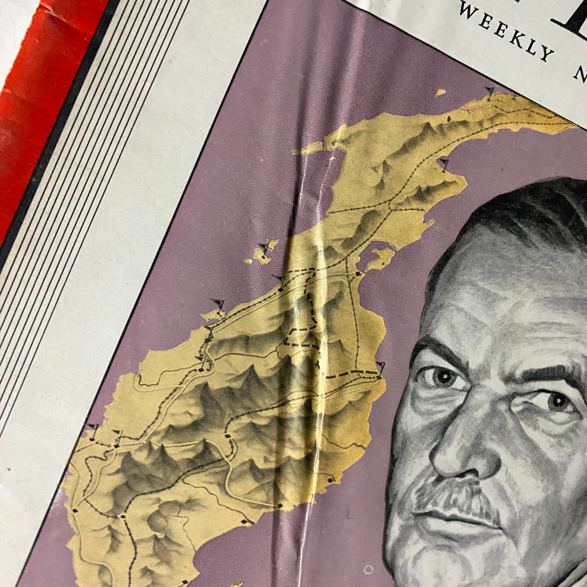 Cover detail of VTG Time Magazine January 12, 1942 featuring a map and the portrait of Henry Pownall, Trustee of Singapore.