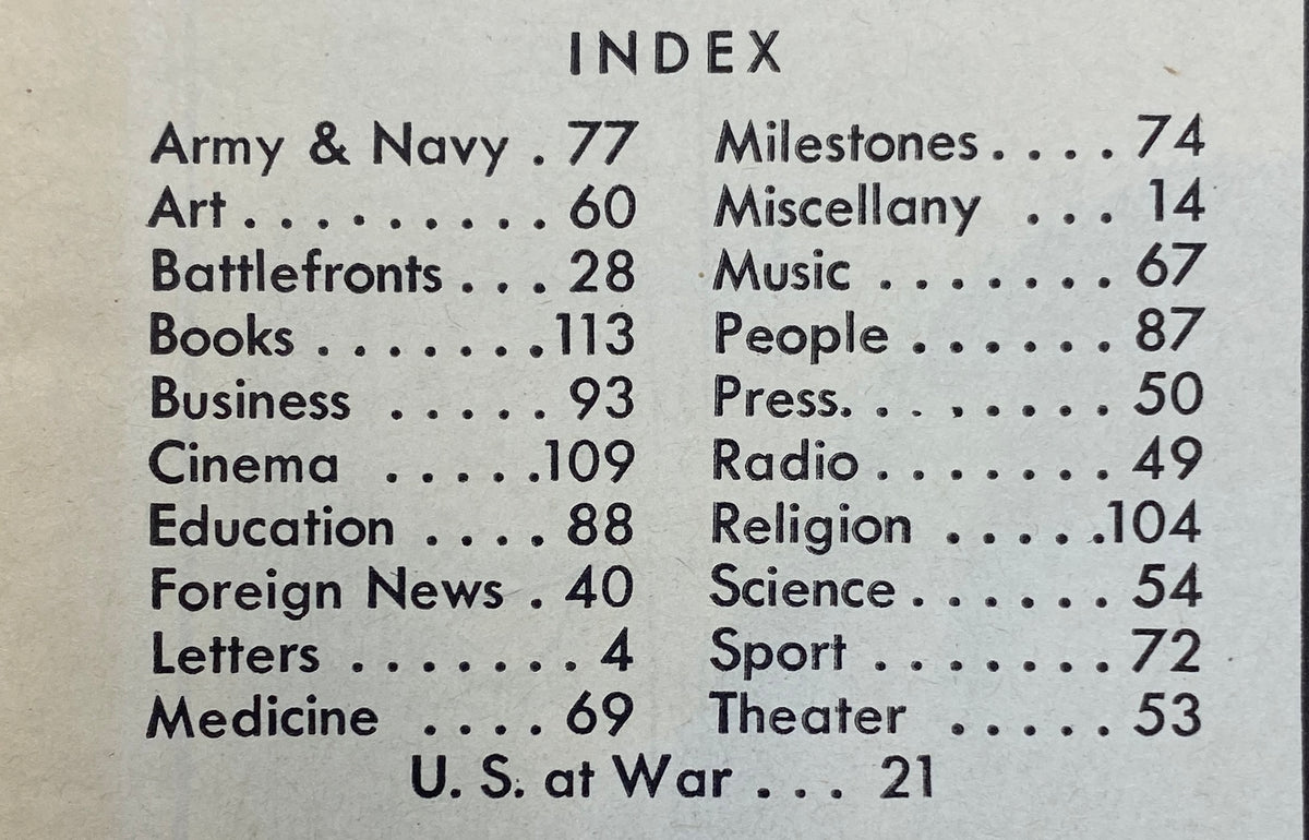 Index page from VTG Time Magazine November 23, 1942, listing various sections including Army & Navy, Culture, and Current Events.