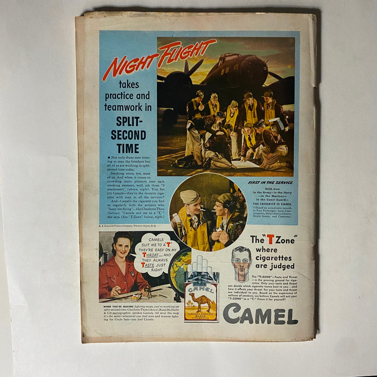 Back cover of VTG Time Magazine November 23, 1942 promoting Camel cigarettes with illustrations of airmen and advertising text.
