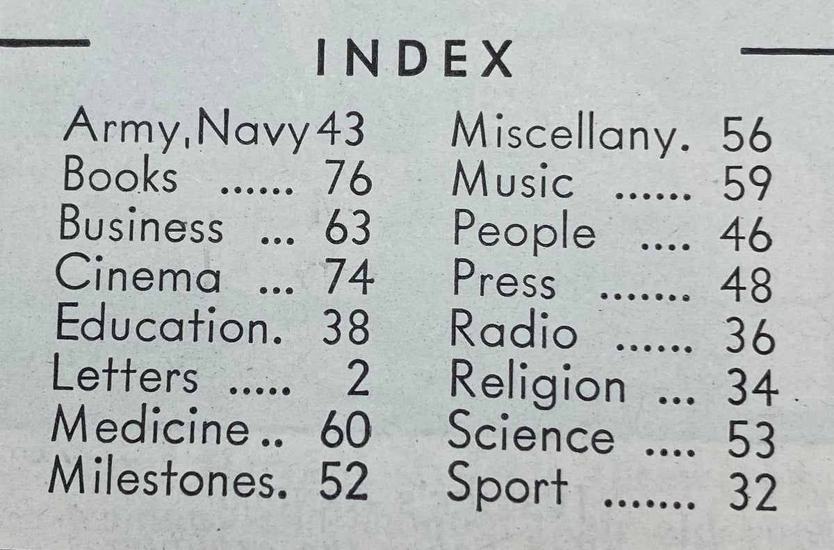 Index page of a vintage Time Magazine from March 30, 1942 featuring Australia's Douglas MacArthur, detailing various sections such as Army, Navy, Cinema, and Medicine with corresponding page numbers.