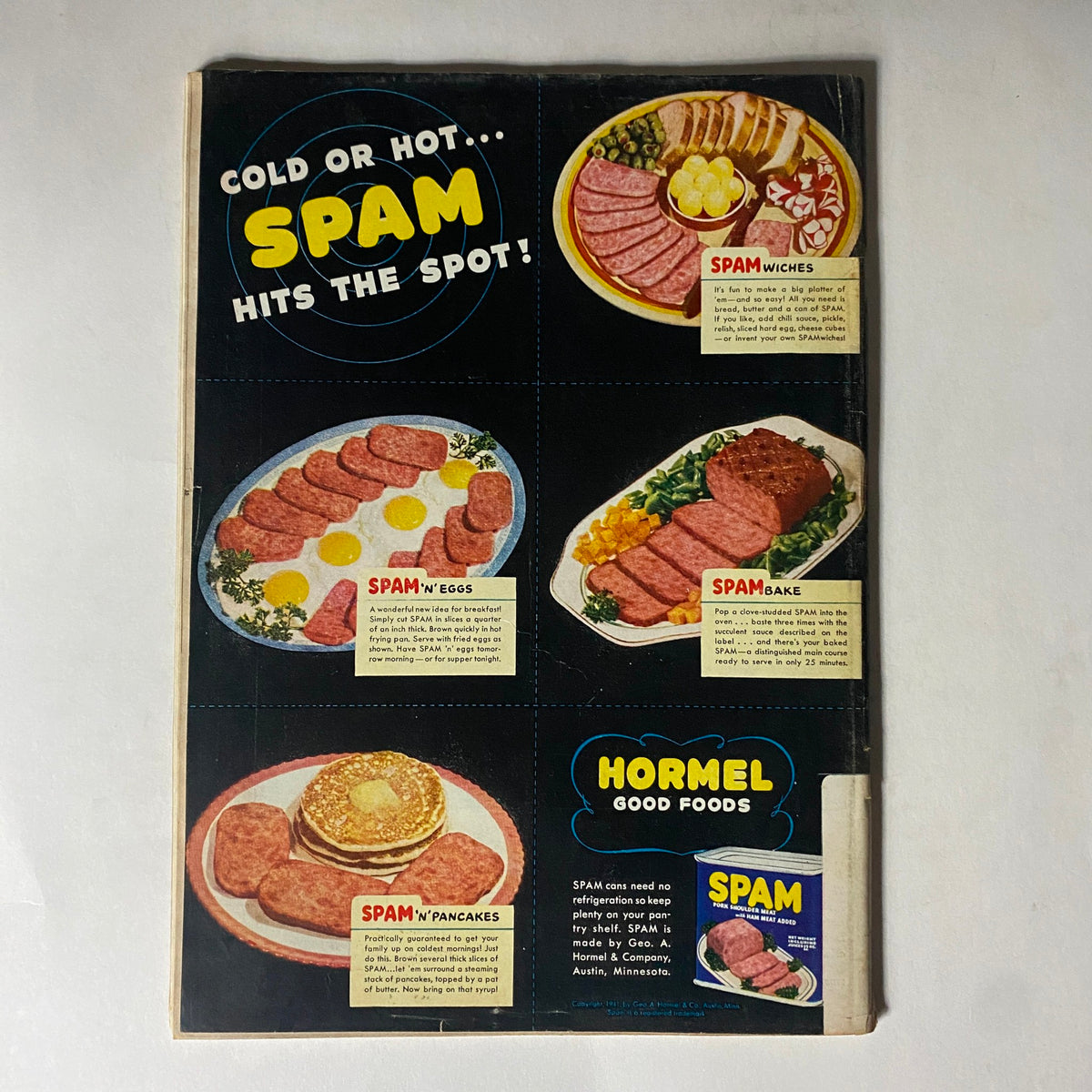 Advertisement for Spam in VTG Time Magazine December 28, 1942 Vol 40 No. 26, showcasing various Spam recipes such as Spam 'n' Eggs and Spam 'n' Pancakes.