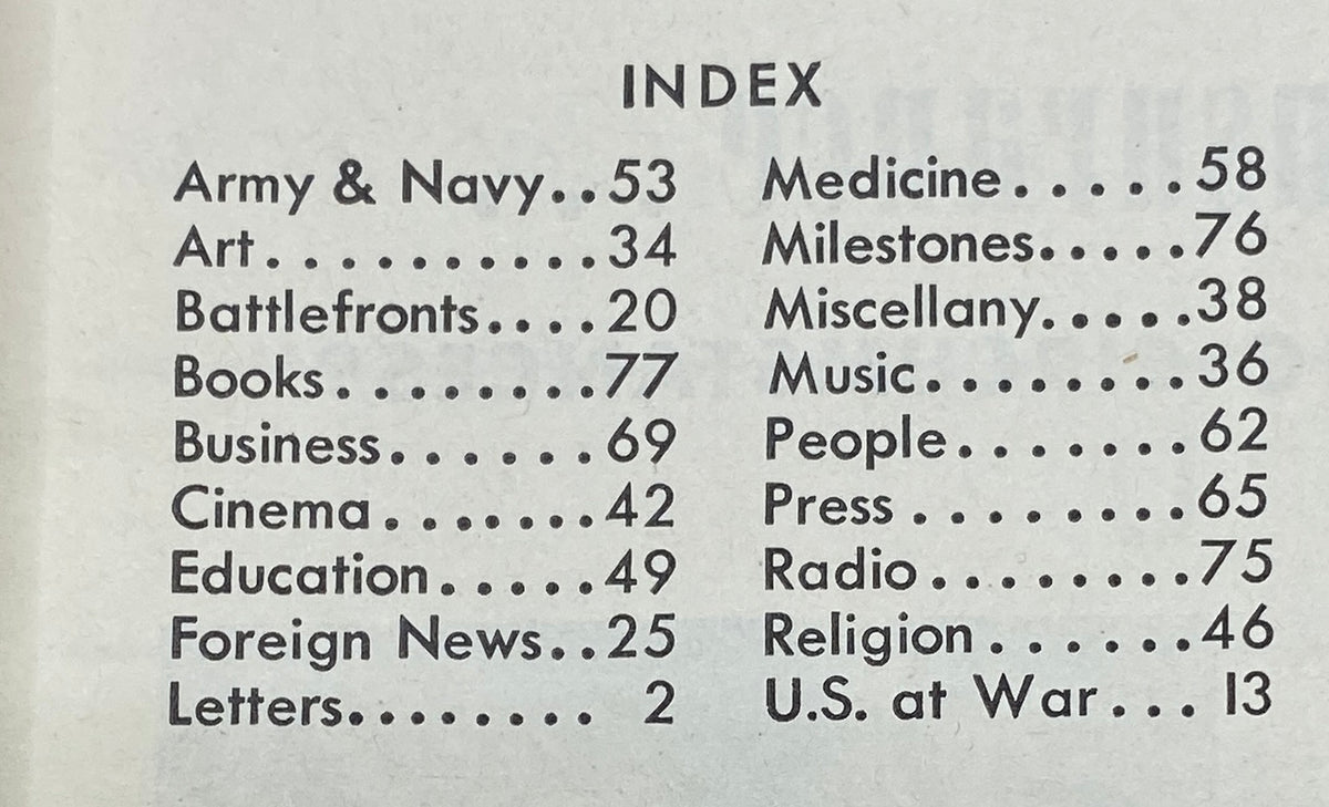 Index page from Time Magazine dated August 17, 1942, listing topics including Army & Navy news, art, foreign news, and notable milestones.