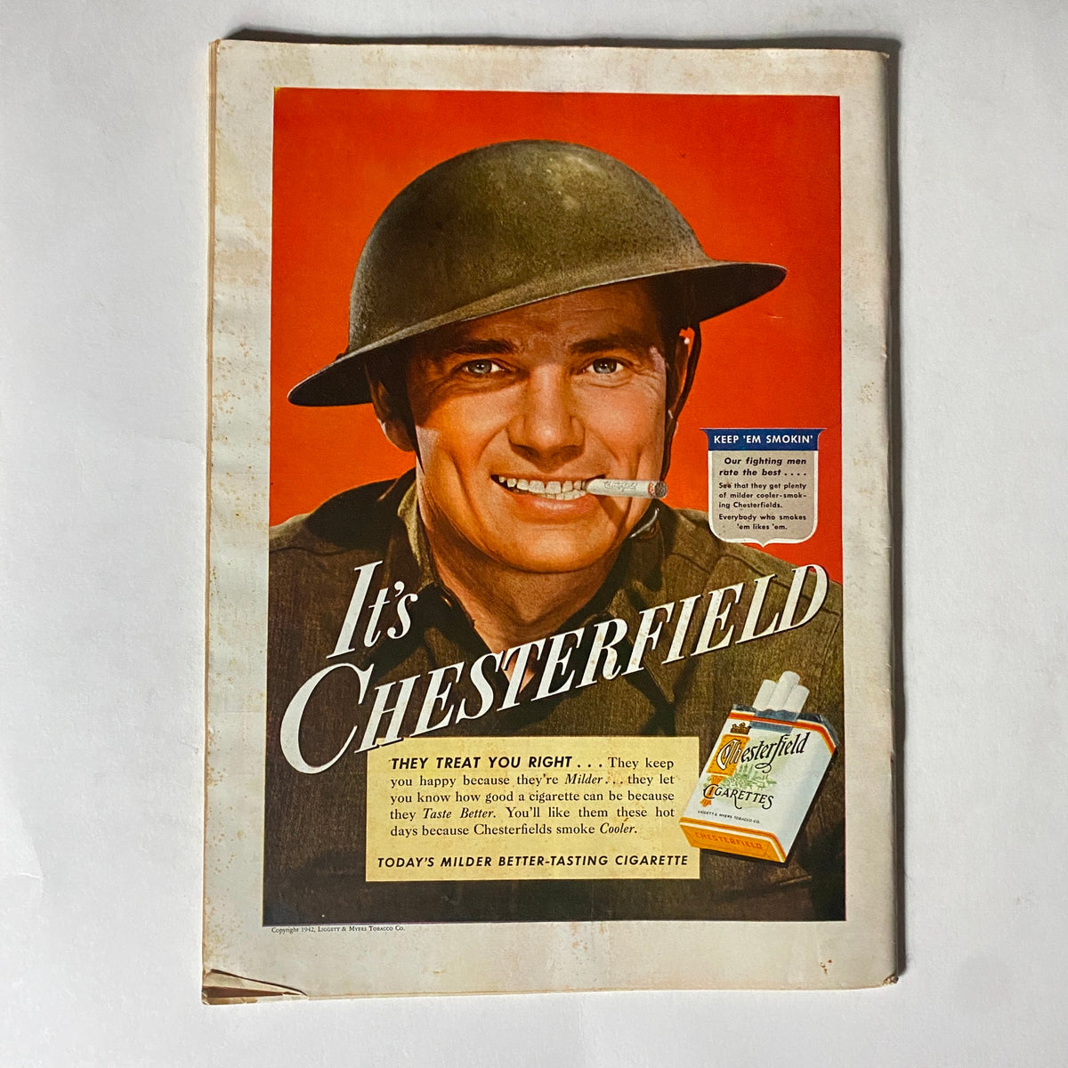 Vintage Time Magazine cover from August 17, 1942 featuring Vice Admiral Robert L. Ghormley with a Chesterfield cigarette advertisement, showcasing historical military context and mid-20th century American advertising.