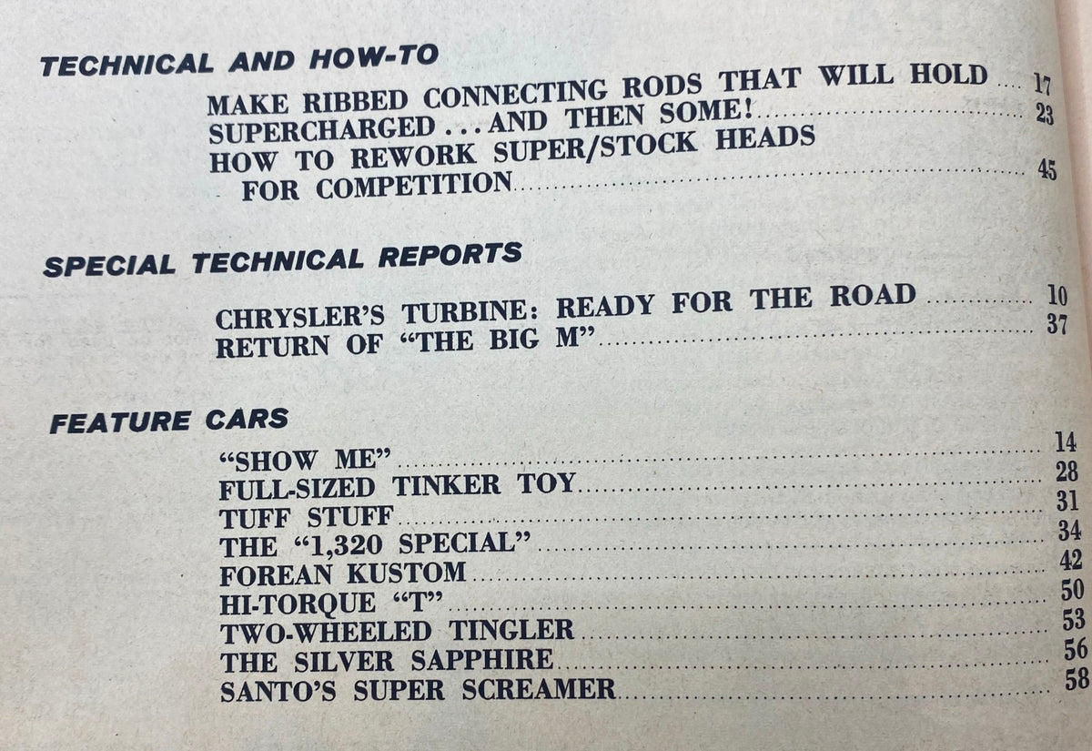 Contents page of VTG Hop-Up Magazine November 1963 #23 featuring technical articles on ribbed connecting rods and Chrysler's turbine technology, highlighting key automotive topics of the era.