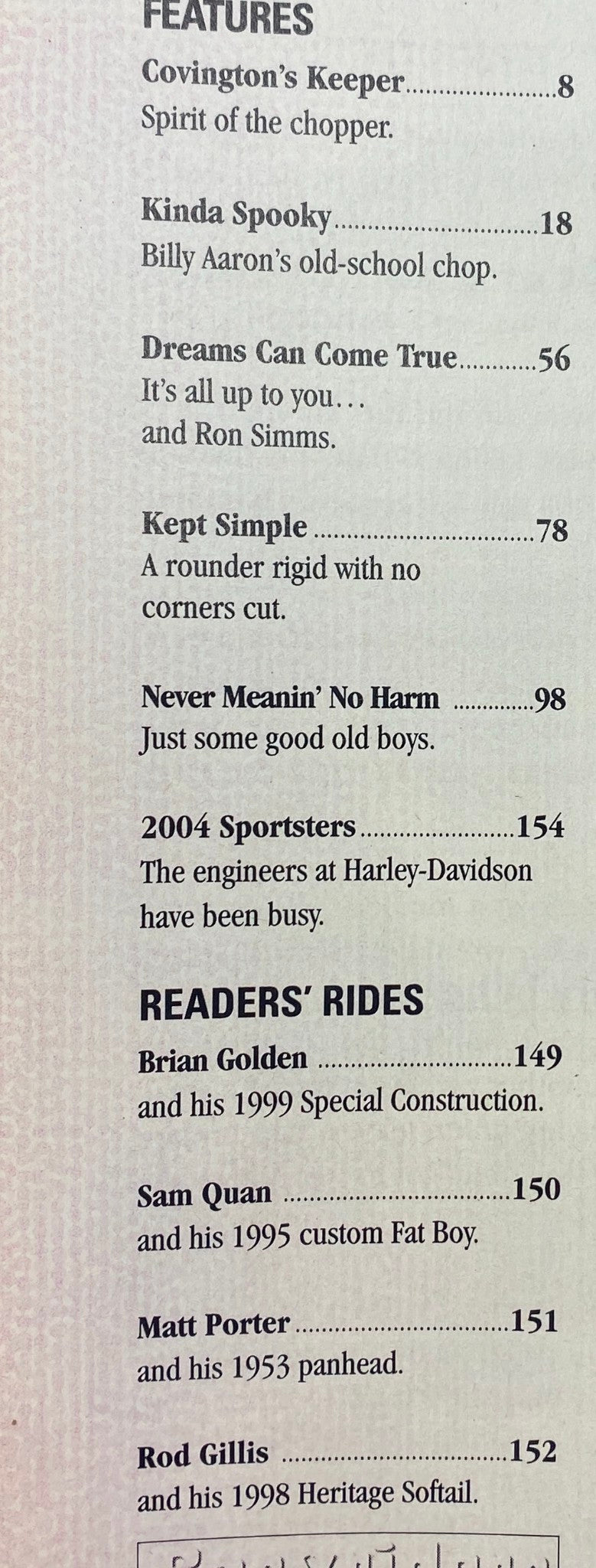 Table of contents from Easyriders Magazine May 2004 #371 listing features like Covington’s Keeper and Kinda Spooky, highlighting motorcycle insights.