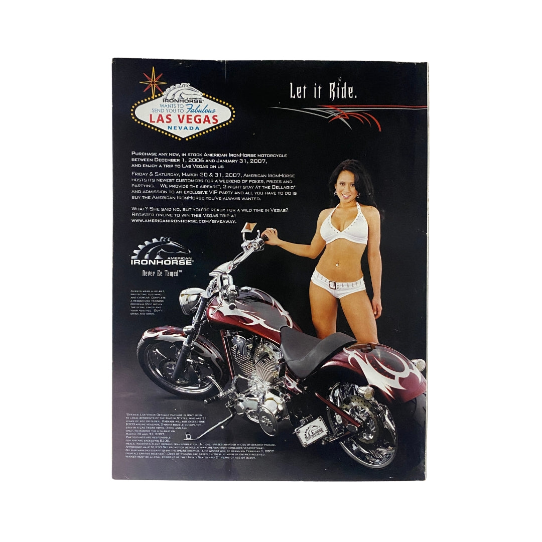 Easyriders Magazine January 2007 #403 promotional material from Ironhorse motorcycle featuring a model next to a striking custom motorcycle, emphasizing the thrill and lifestyle of biking culture.