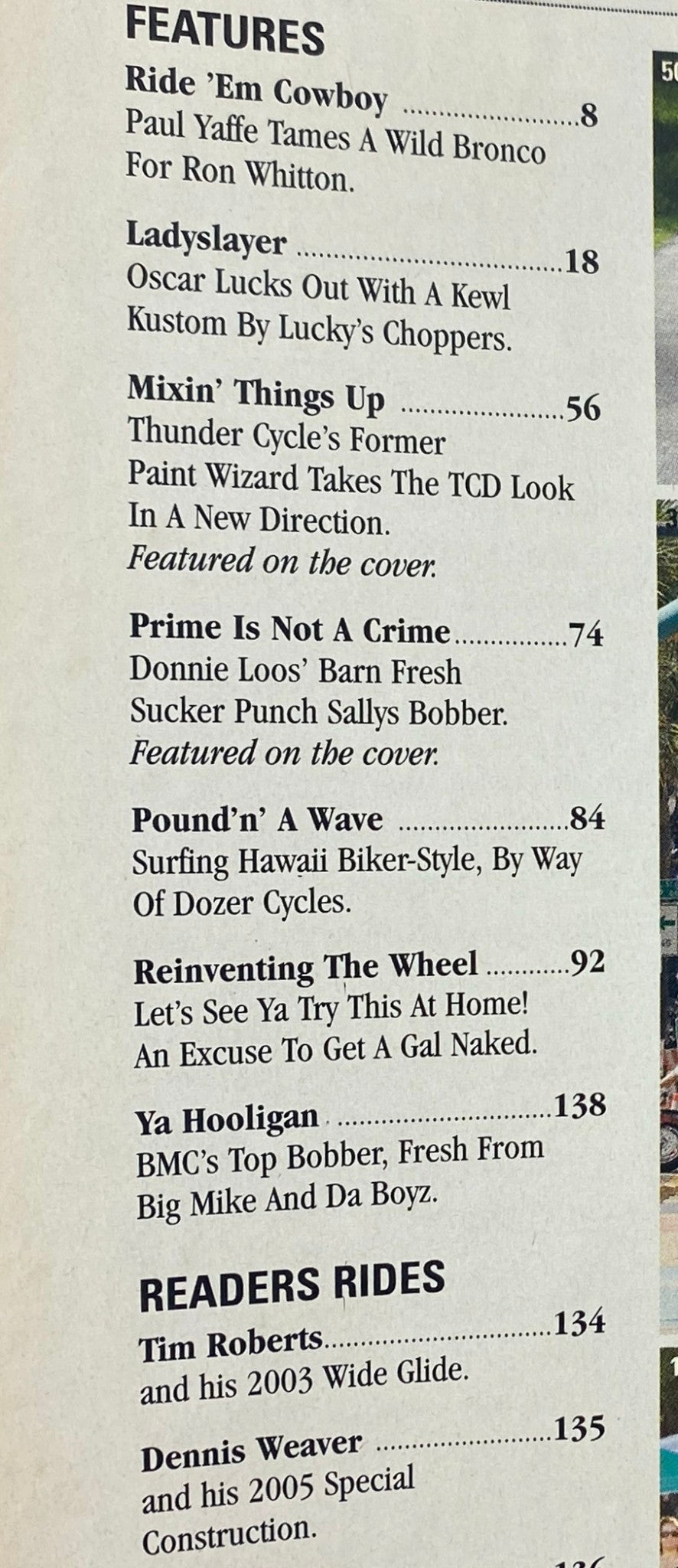 Feature page from Easyriders Magazine February 2007 #404 outlining articles such as 'Ride 'Em Cowboy' and 'Reinventing The Wheel', showcasing the content and motorcycle culture of the issue.