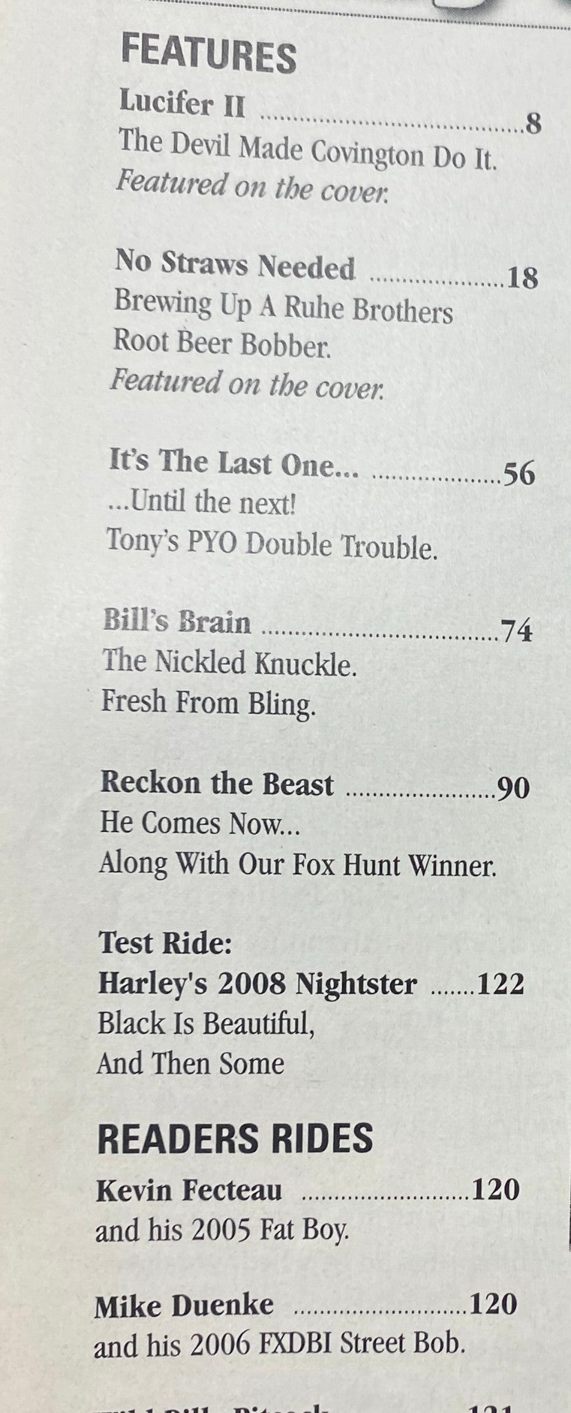 Features page of Easyriders Magazine May 2008 #419 listing articles including Harley's 2008 Nightster test ride and Readers Rides.
