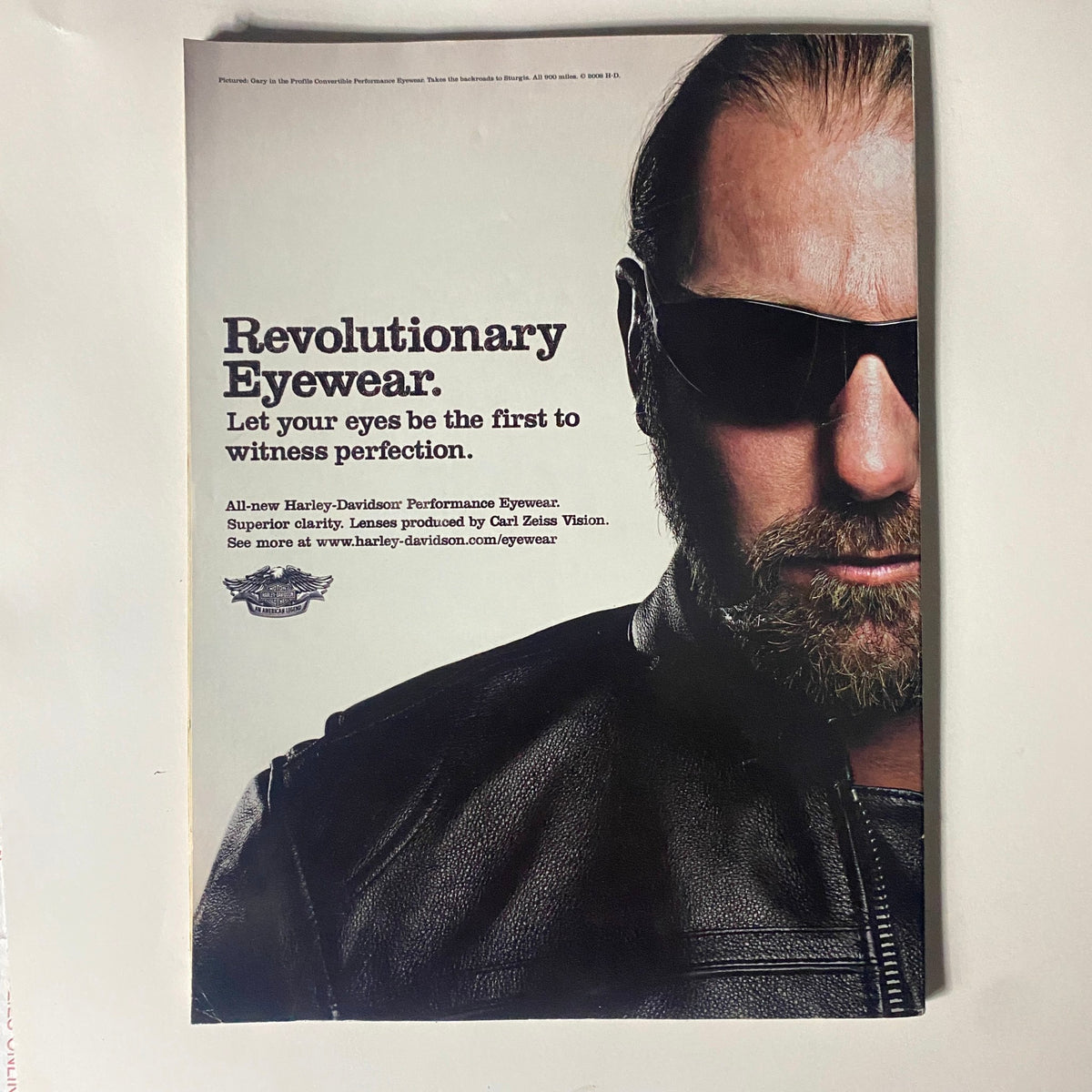 Advertisement from Easyriders Magazine June 2008 #420 for Harley-Davidson eyewear, featuring a model in a leather jacket and sunglasses, emphasizing motorcycle lifestyle.