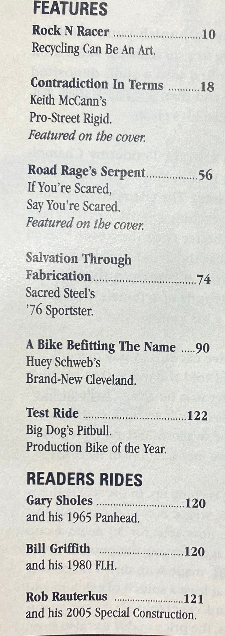 Inside page of Easyriders Magazine August 2008 #422 listing features including articles on custom bikes such as Keith McCann's Pro-Street Rigid and other standout bikes in the motorcycle community.