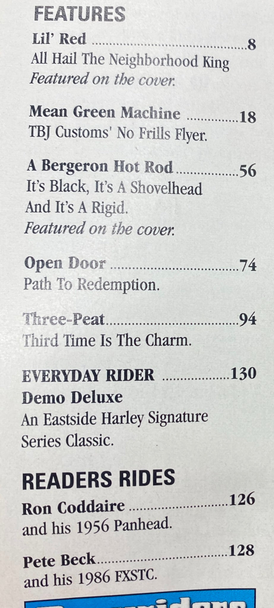 Easyriders Magazine March 2008 Issue #417 features page listing key articles including 'Lil’ Red' and 'A Bergeron Hot Rod'.