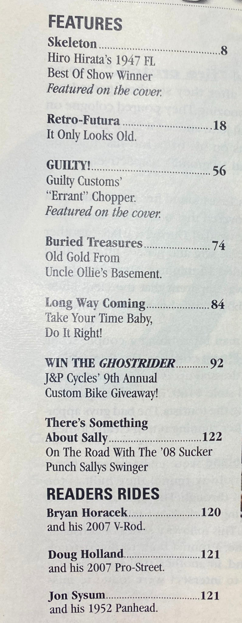 Table of contents from Easyriders Magazine December 2008, Issue #426, highlighting features about Harley-Davidson custom motorcycles.