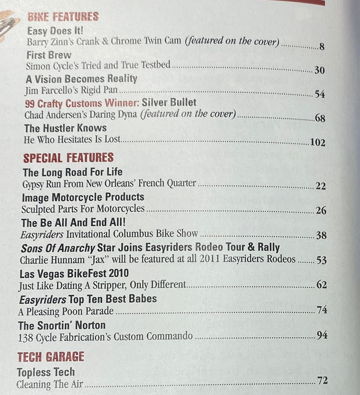 Contents page of Easyriders Magazine July 2011 Issue #457 listing featured articles on customization, bike showcases, and cultural events.