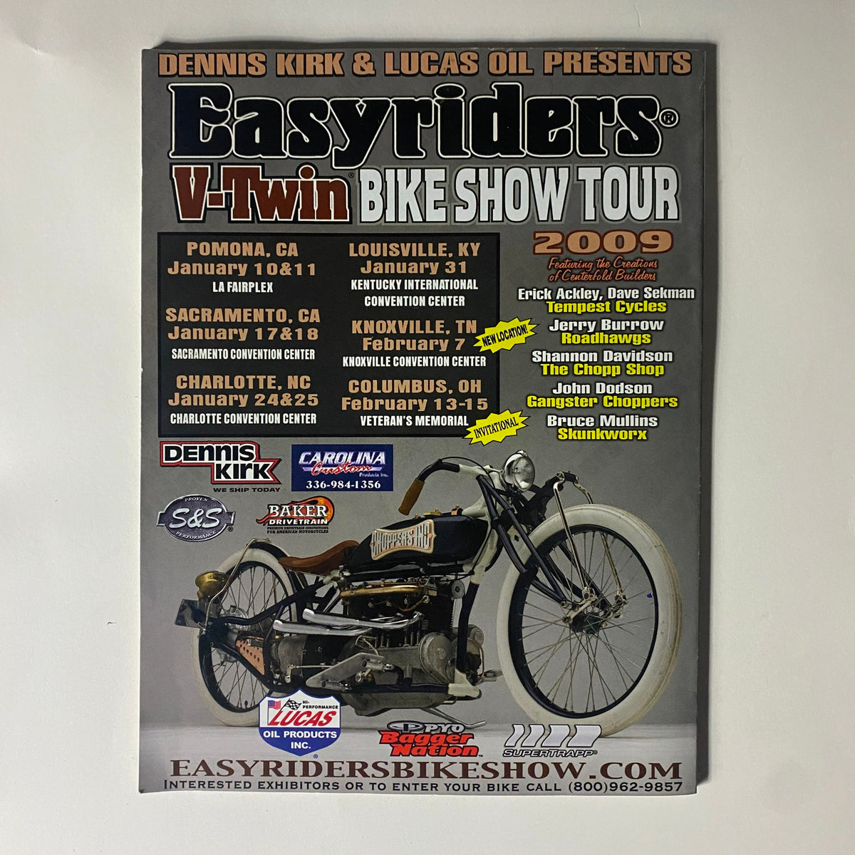 Promotional flyer for Easyriders V-Twin Bike Show Tour 2009, featuring events in multiple locations, emphasizing the motorcycle culture and community events presented in Easyriders Magazine March 2009 #429.