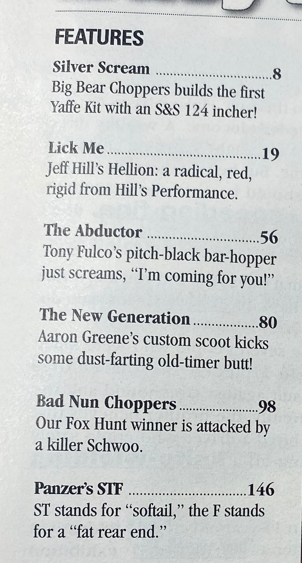Page from Easyriders Magazine June 2002 #348 listing features including Big Bear Choppers and Tony Fulco's bar-hopper. Highlights the innovative S&S 124-Inch Megamotor.