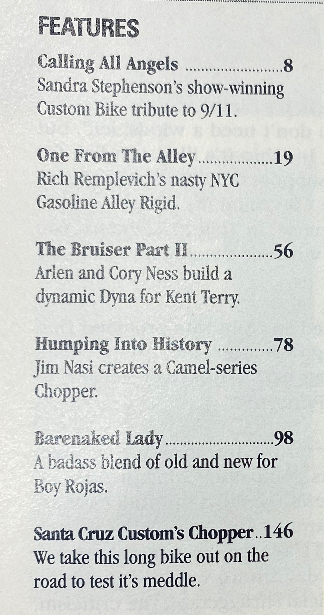 Easyriders Magazine November 2002 #353 features page listing articles such as 'Calling All Angels' and 'One From The Alley' focusing on custom bikes.