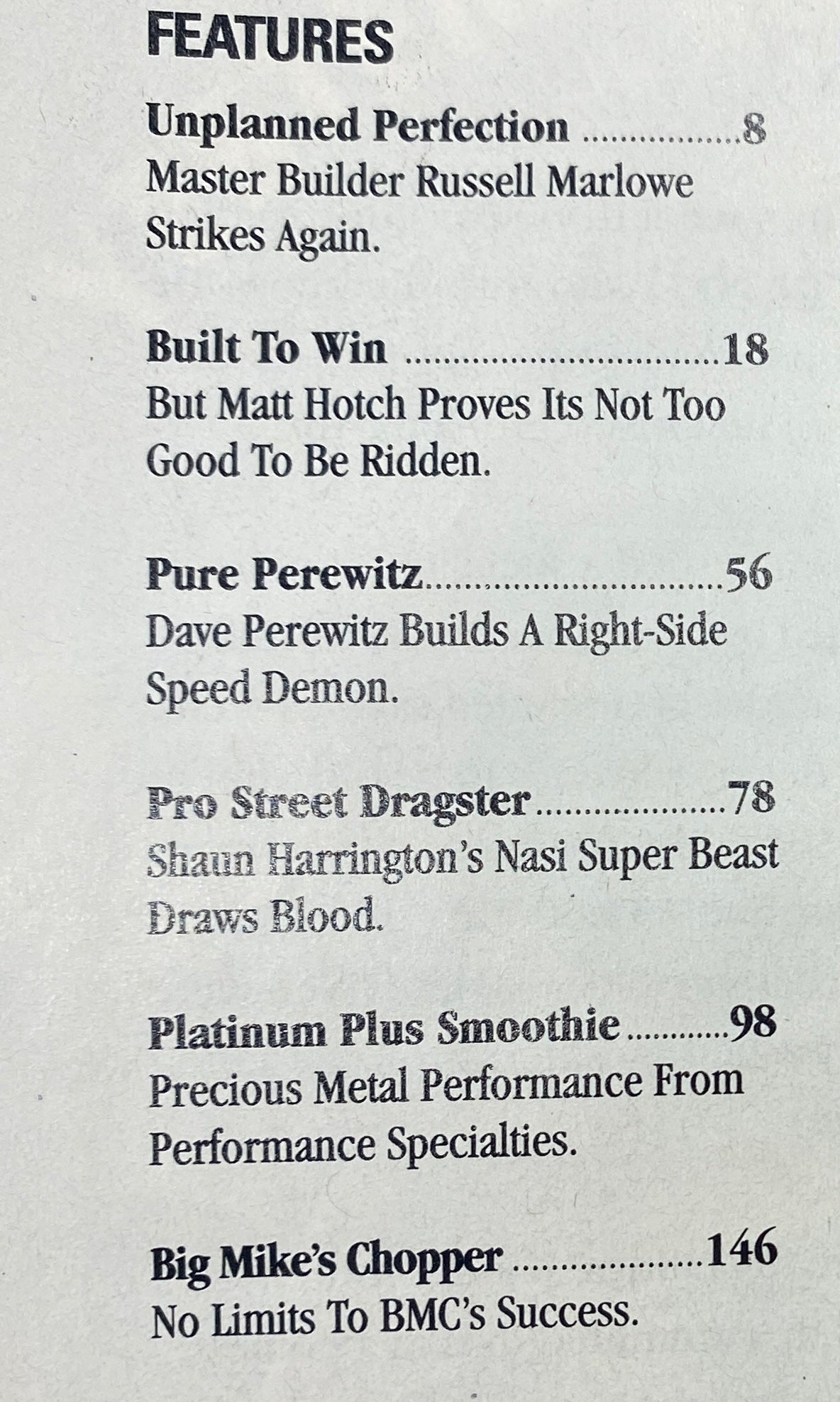 Table of contents page from Easyriders Magazine March 2003, highlighting features such as Unplanned Perfection by Russell Marlowe and Built To Win by Matt Hotch.