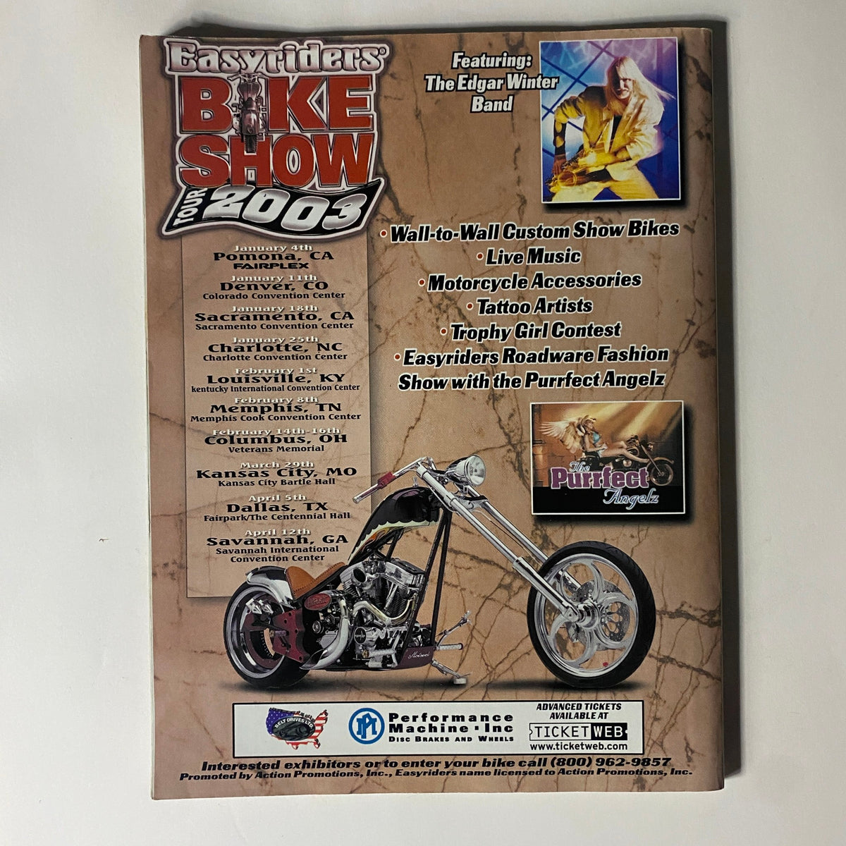 Back cover of Easyriders Magazine March 2003 advertising the Easyriders bike show event with a custom bike design, featuring details on live music and custom bike showcases.