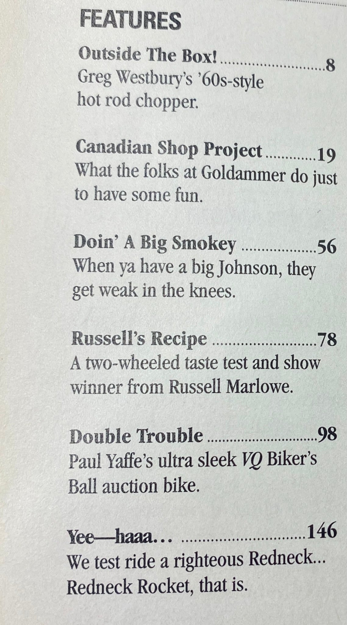 Easyriders Magazine January 2003 #355 features page listing articles about motorcycle events and projects.
