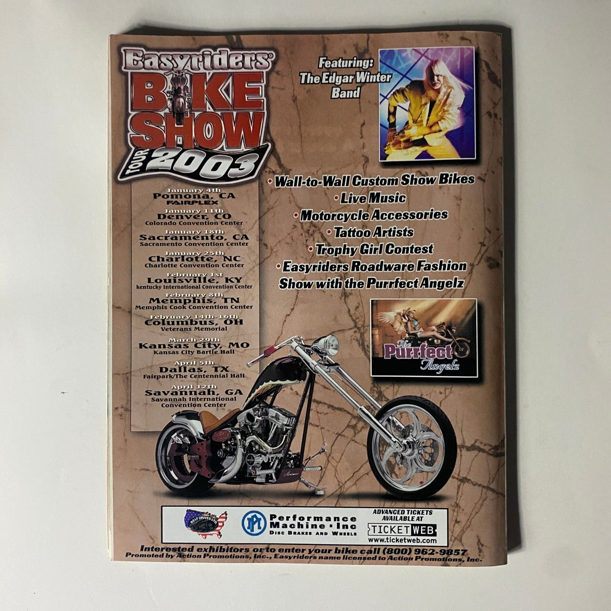 Cover of Easyriders Magazine January 2003 #355 featuring the Republic of Texas Run, showcasing a custom motorcycle, live music, and event highlights.