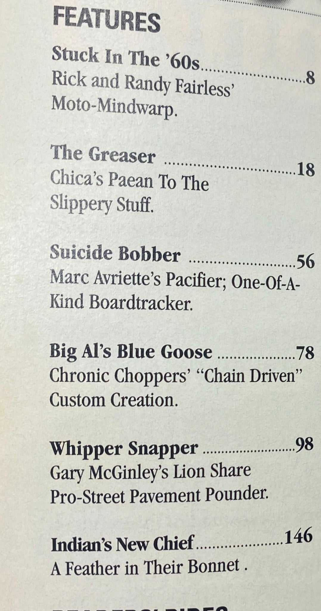 Feature list from Easyriders Magazine August 2003 #362, showcasing articles like 'Stuck In The '60s' and 'Suicide Bobber', highlighting the vintage motorcycle culture.
