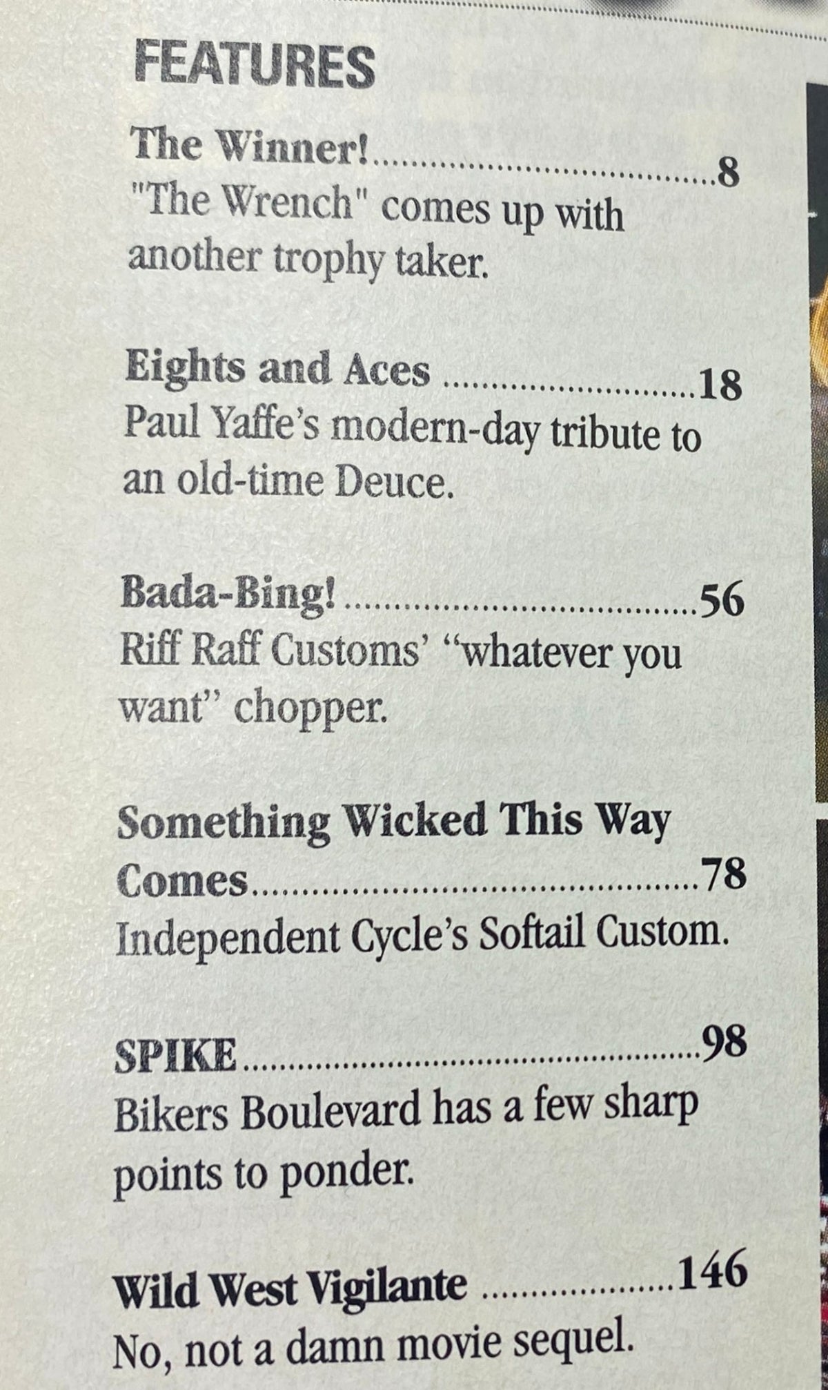 Contents page of Easyriders Magazine June 2003 Issue #360 listing exciting features including 'The Winner!' and 'Wild West Vigilante'.
