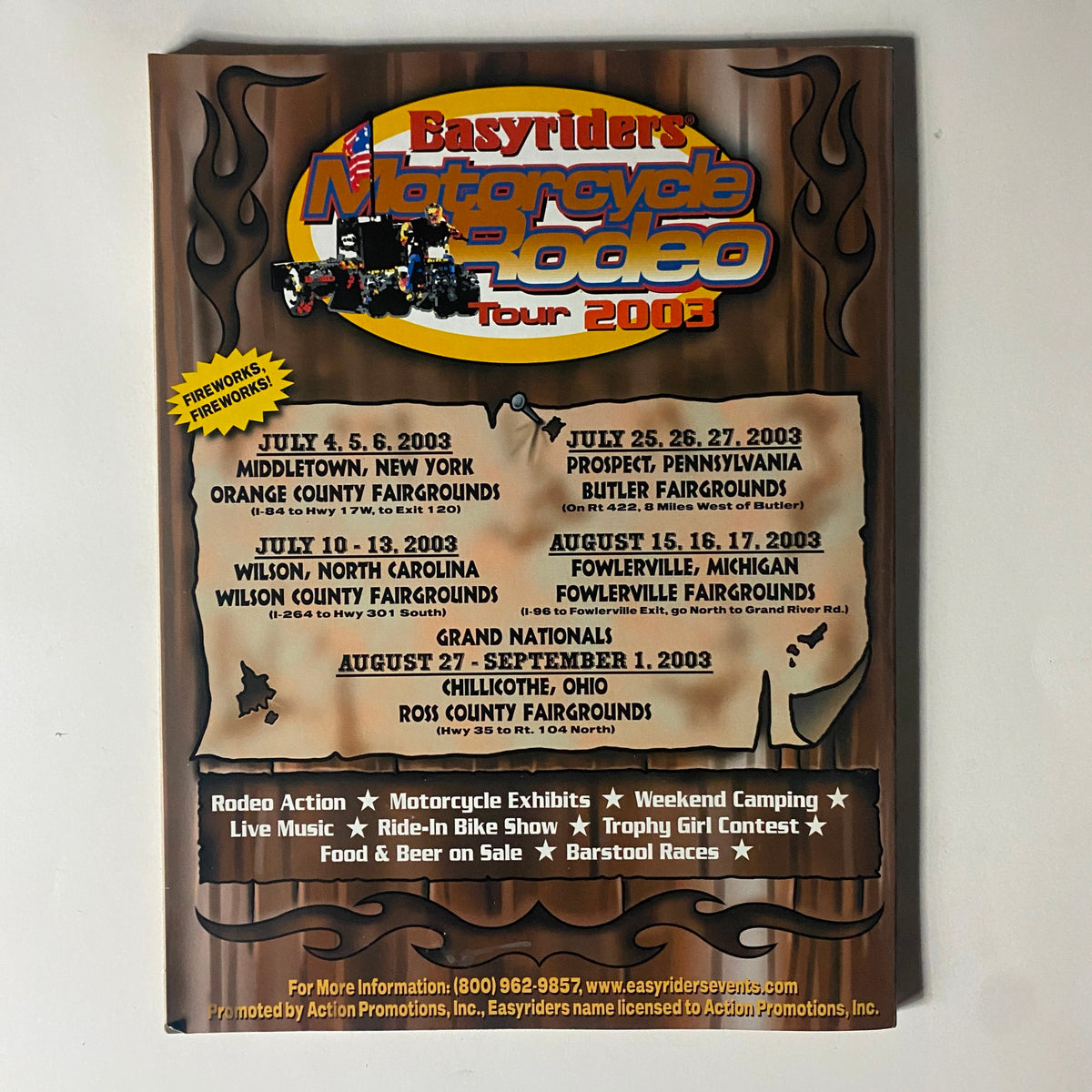 Promotional page from Easyriders Magazine June 2003 Issue #360 detailing the motorcycle rodeo tour dates and locations for 2003.