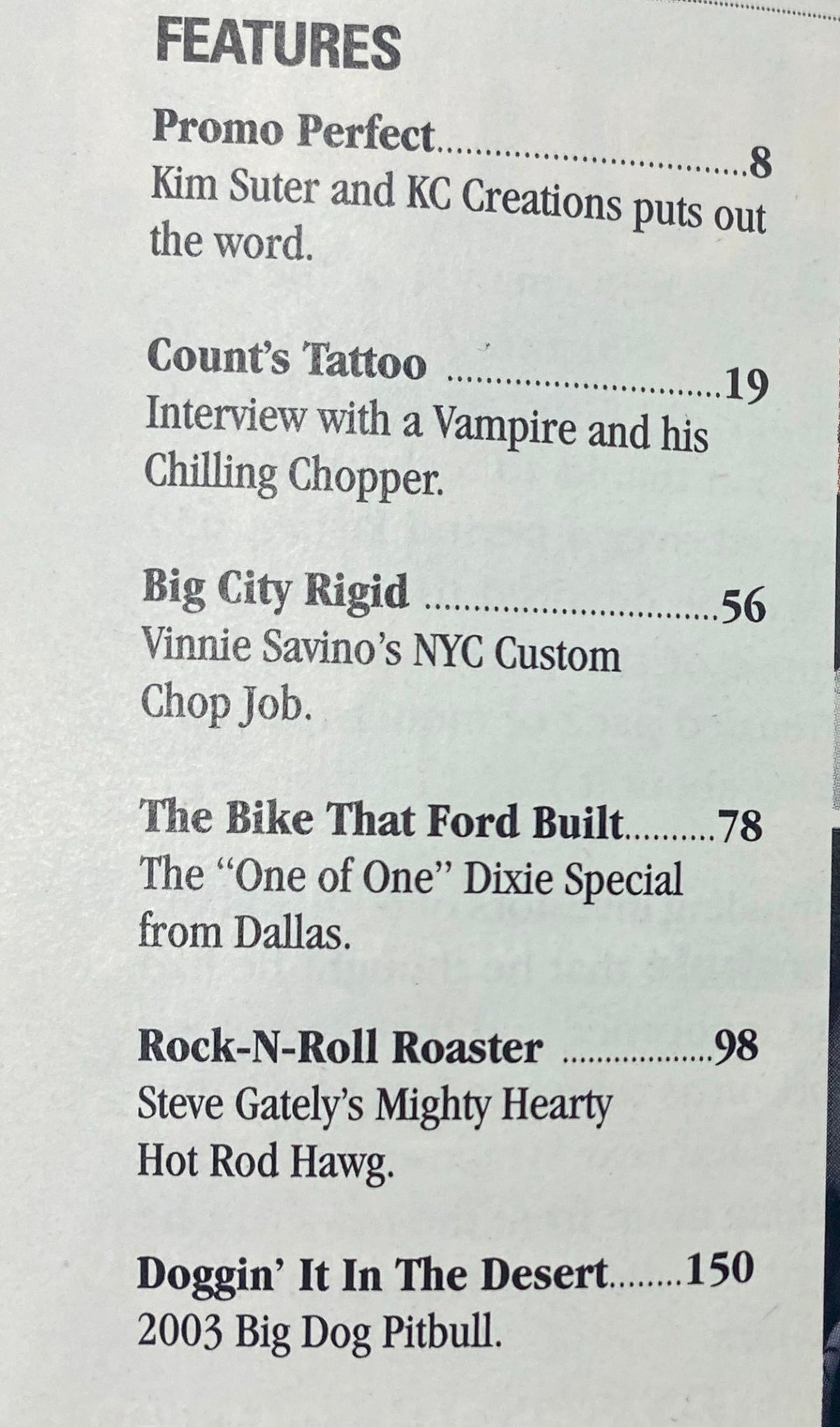 Contents page of Easyriders Magazine September 2003 #363 featuring articles such as Rock-N-Roll Roaster and Count's Tattoo, highlighting motorcycle culture and custom builds.