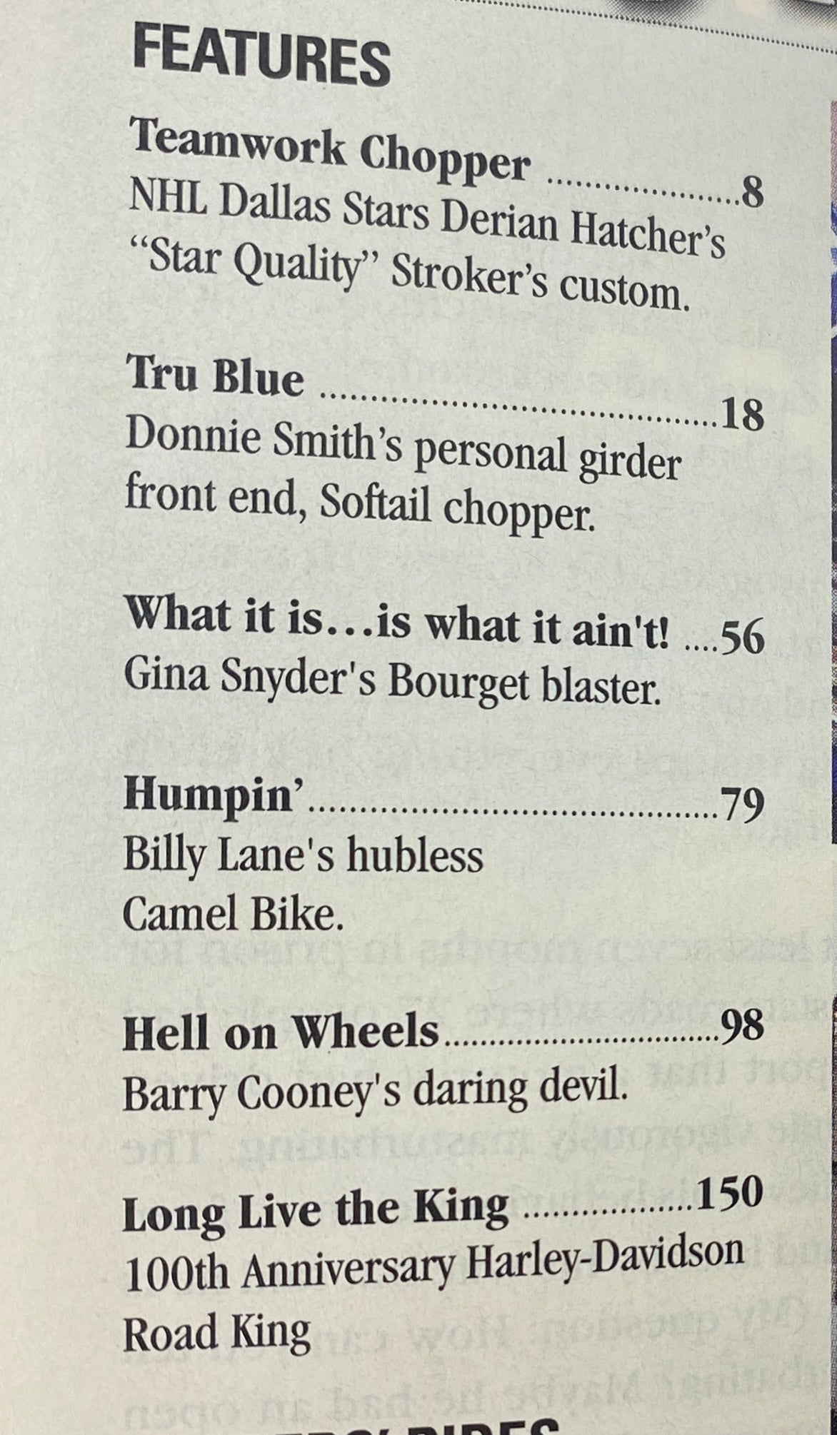 Table of contents from Easyriders Magazine December 2003 Issue #366 highlighting features on custom motorcycles and builders.