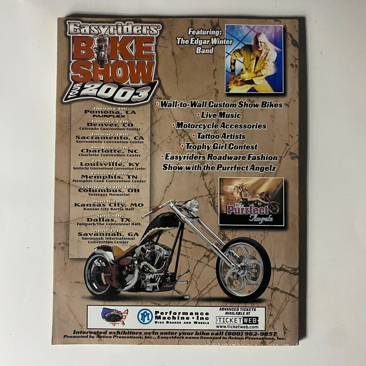 Back cover of Easyriders Magazine May 2003 Issue #359 featuring the Easyriders Bike Show details including live music, custom show bikes, and the Edgar Winter Band.