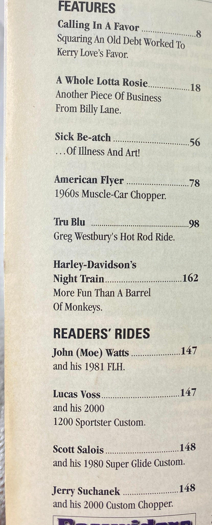 Easyriders Magazine November 2004 issue features page highlighting articles including 'Calling In A Favor', 'Sick Be-atch', and 'Harley-Davidson’s Night Train', showcasing the magazine's content focused on motorcycle culture.