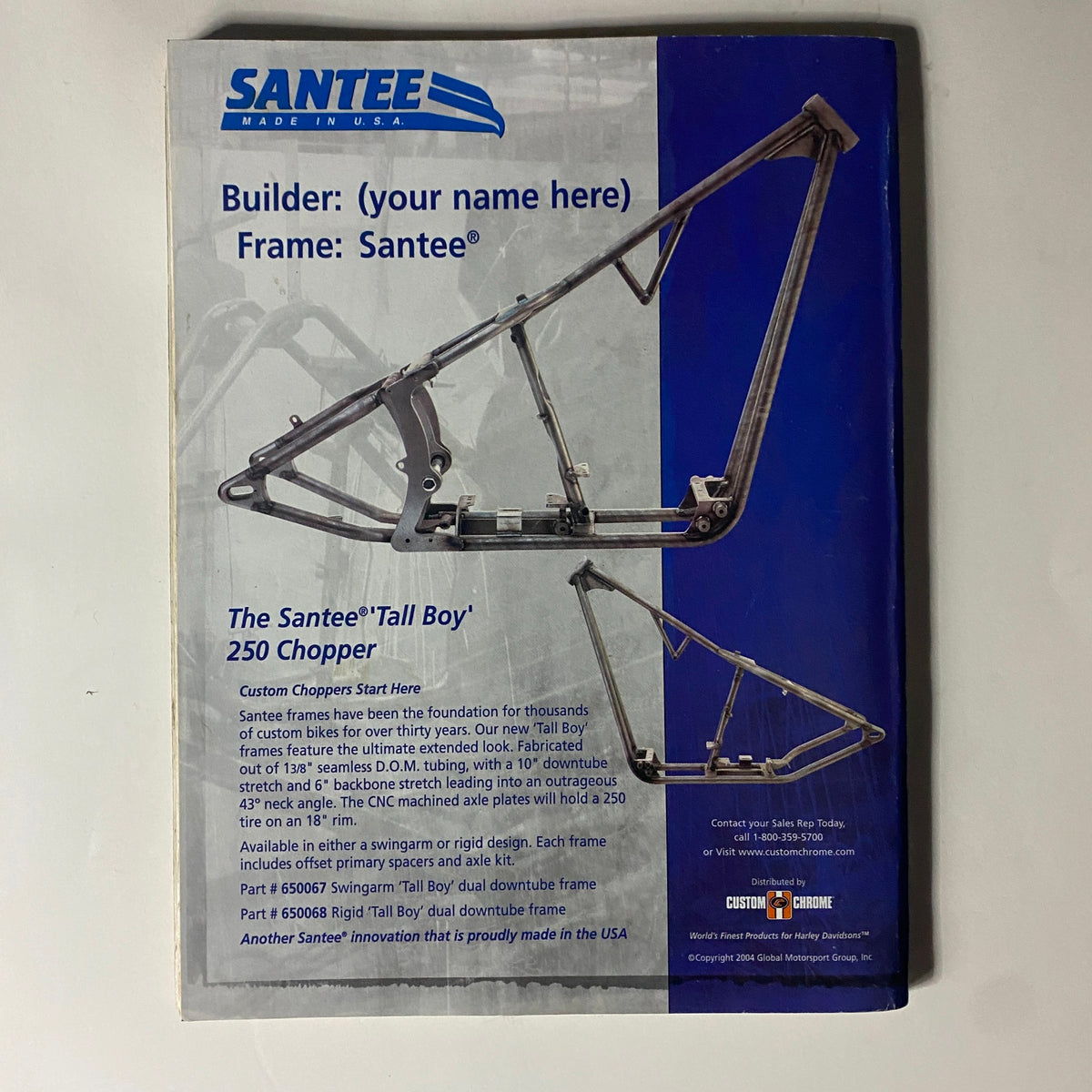 Back cover of Easyriders Magazine June 2004 #372 showcasing a Santee Tall Boy chopper frame with custom chopper design details.