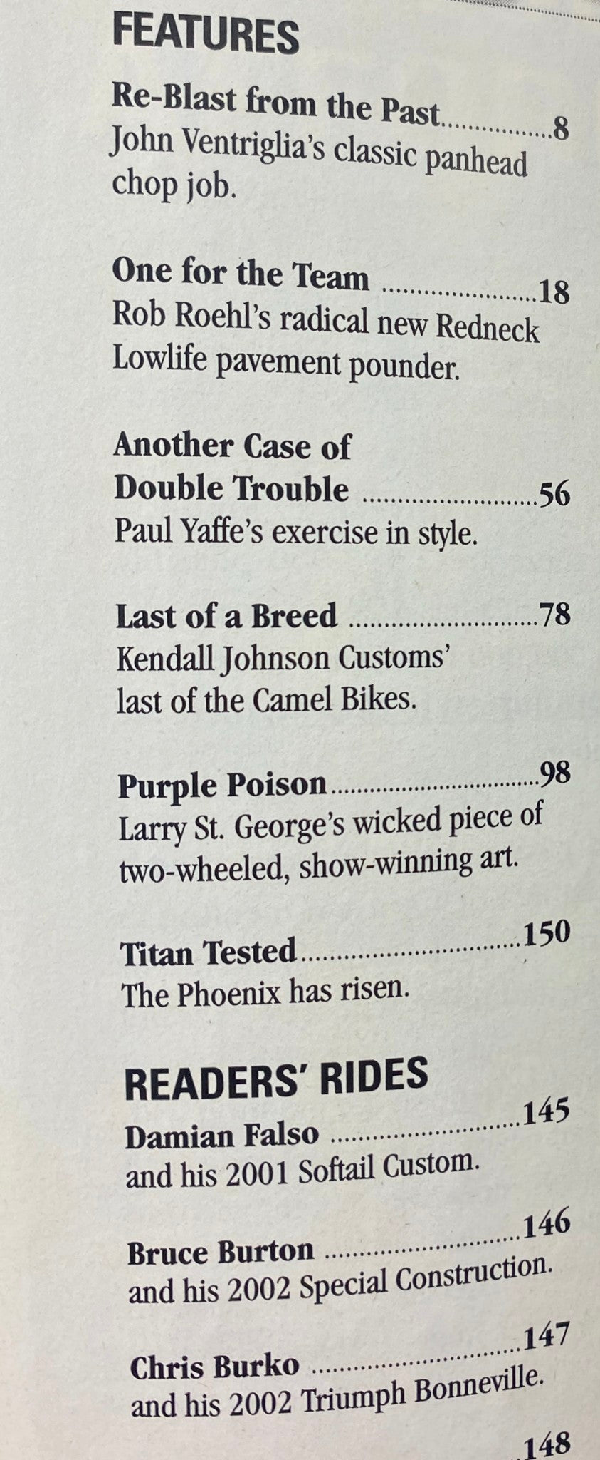 Interior page of Easyriders Magazine January 2004, Issue #367 displaying the features list, including 'Re-Blast from the Past' and 'Readers' Rides', showcasing various custom motorcycles.