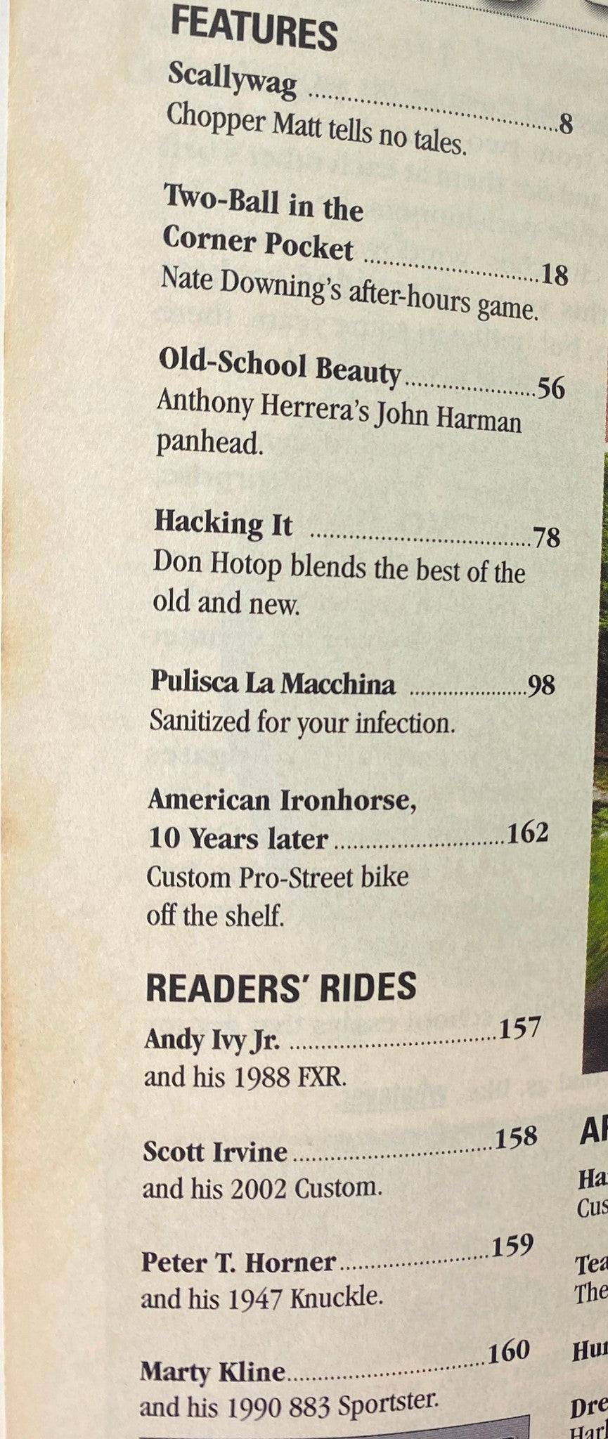 Easyriders Magazine October 2004 #376 content page detailing features including 'Scallywag' and 'Old-School Beauty'.
