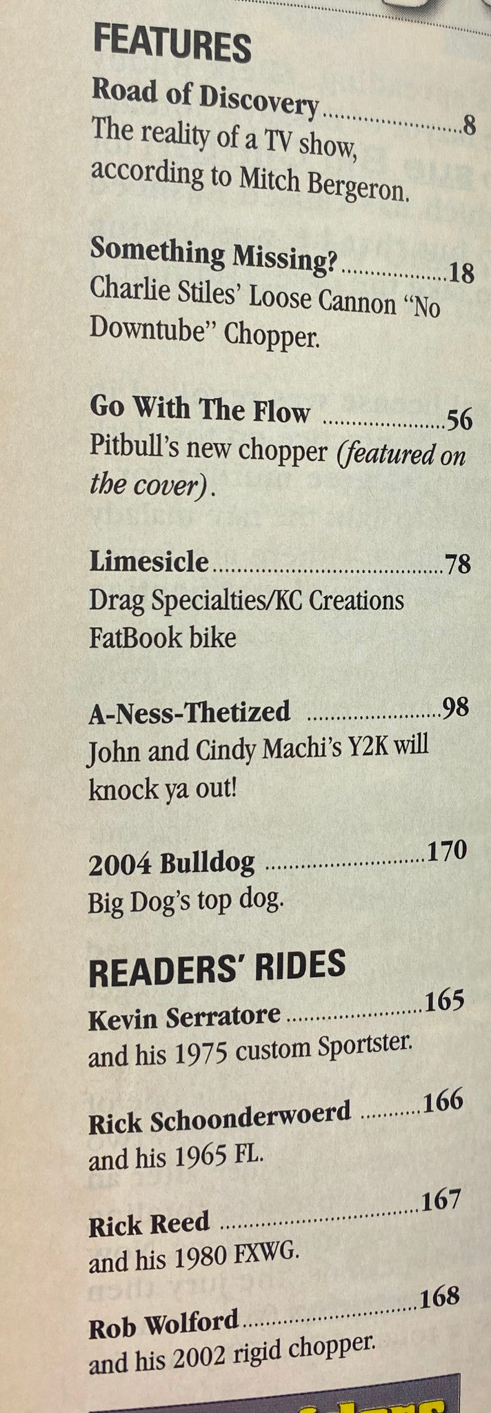 Contents page of Easyriders Magazine January 2005, issue #379, highlighting articles like 'Road of Discovery' and 'Something Missing?'