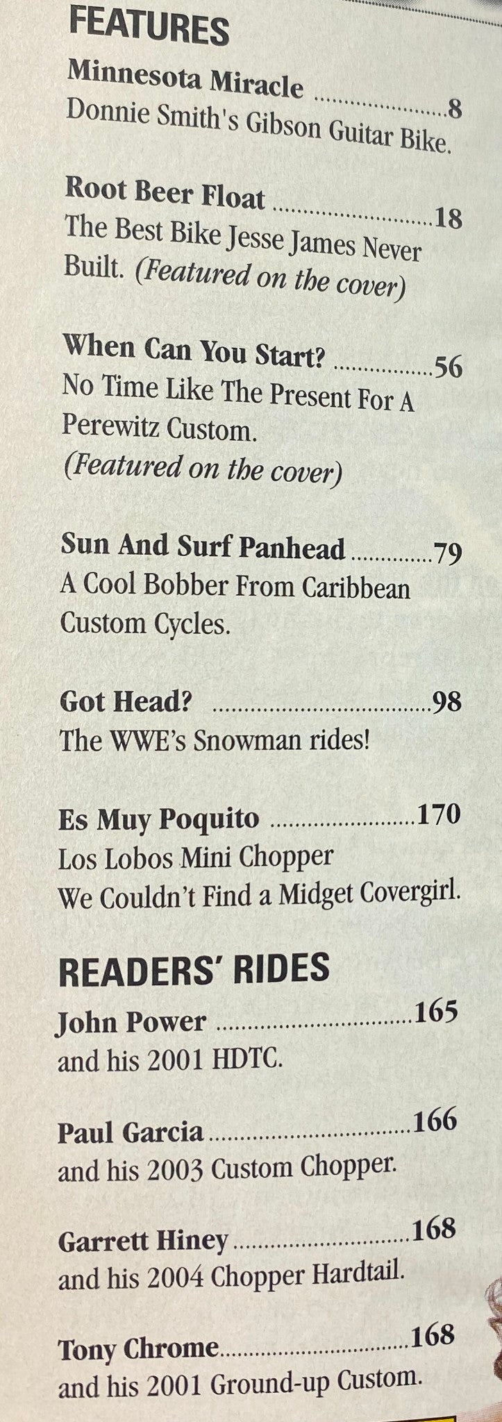 Contents page of Easyriders Magazine August 2005, Issue #386, detailing features like 'Minnesota Miracle' and 'Root Beer Float', highlighting prominent custom bikes and motorcycle culture.