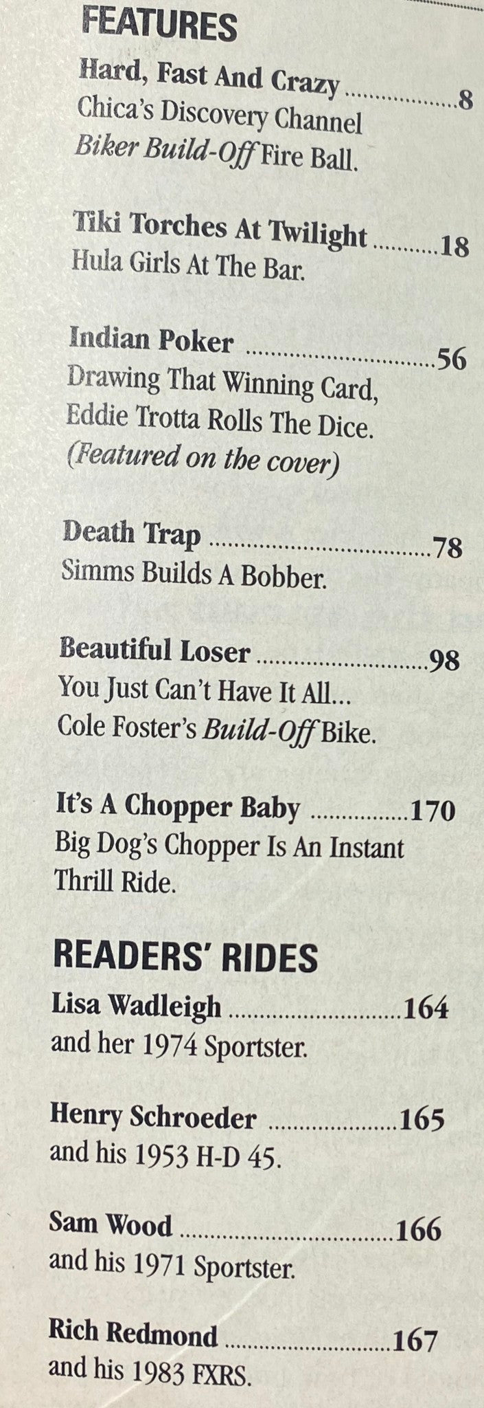 Features page from Easyriders Magazine October 2005 #388, detailing articles like 'Hard, Fast and Crazy' and 'Beautiful Loser,' highlighting motorcycle culture.