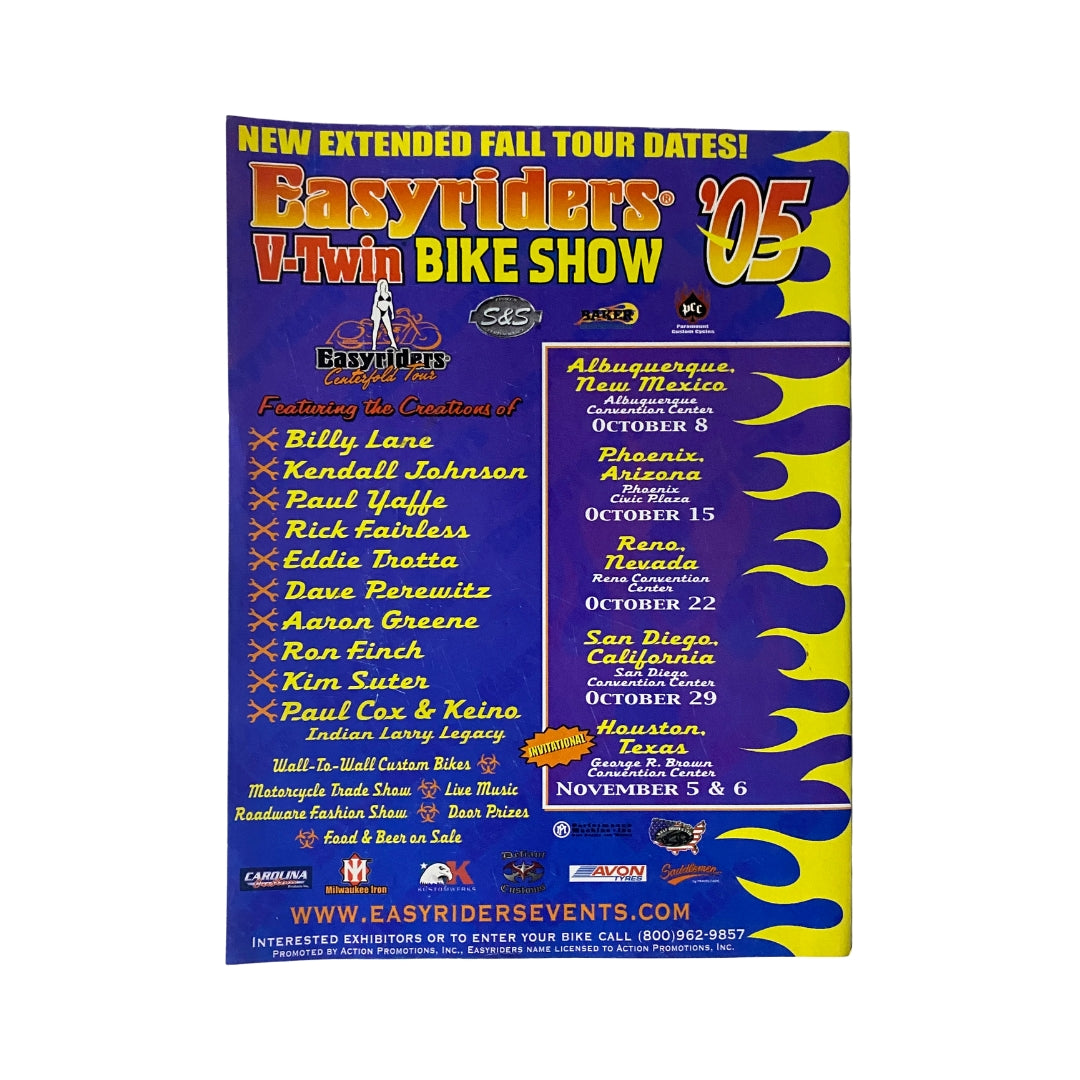 Back page of Easyriders Magazine October 2005 #388 announcing the Fall V-Twin Bike Show events, featuring notable motorcycle builders and their creations.