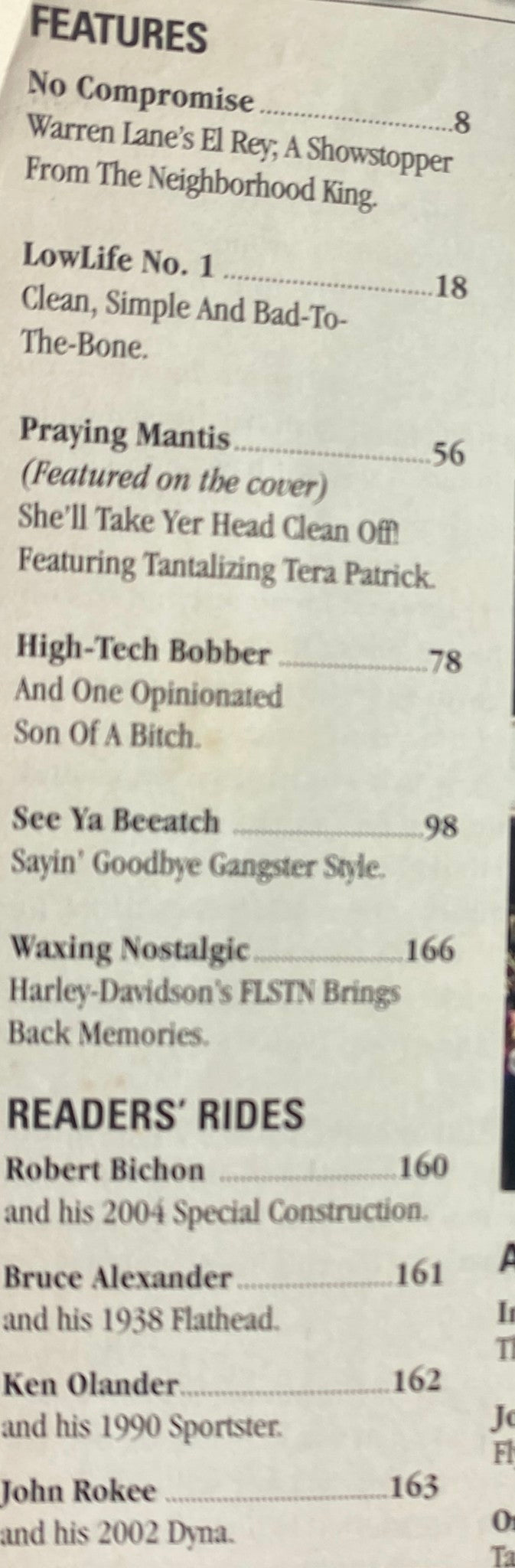 Features from Easyriders Magazine December 2005 #390 including articles like No Compromise and LowLife No. 1, showcasing motorcycle culture and custom builds.