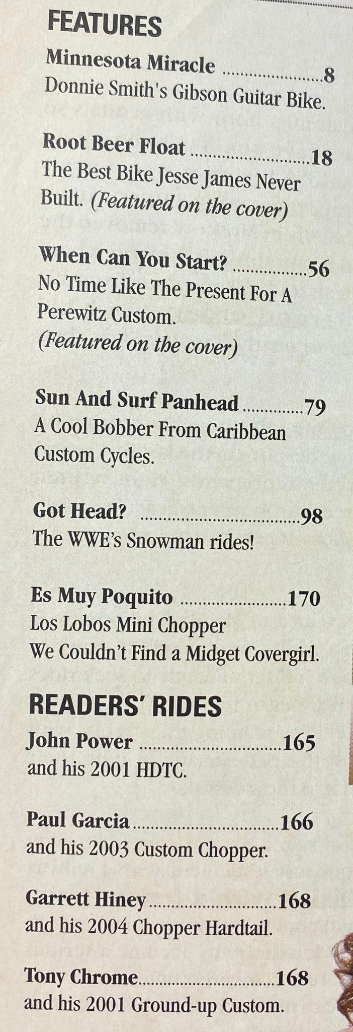 Easyriders Magazine August 2005 #386 table of contents highlighting features including Minnesota Miracle and Root Beer Float bike.